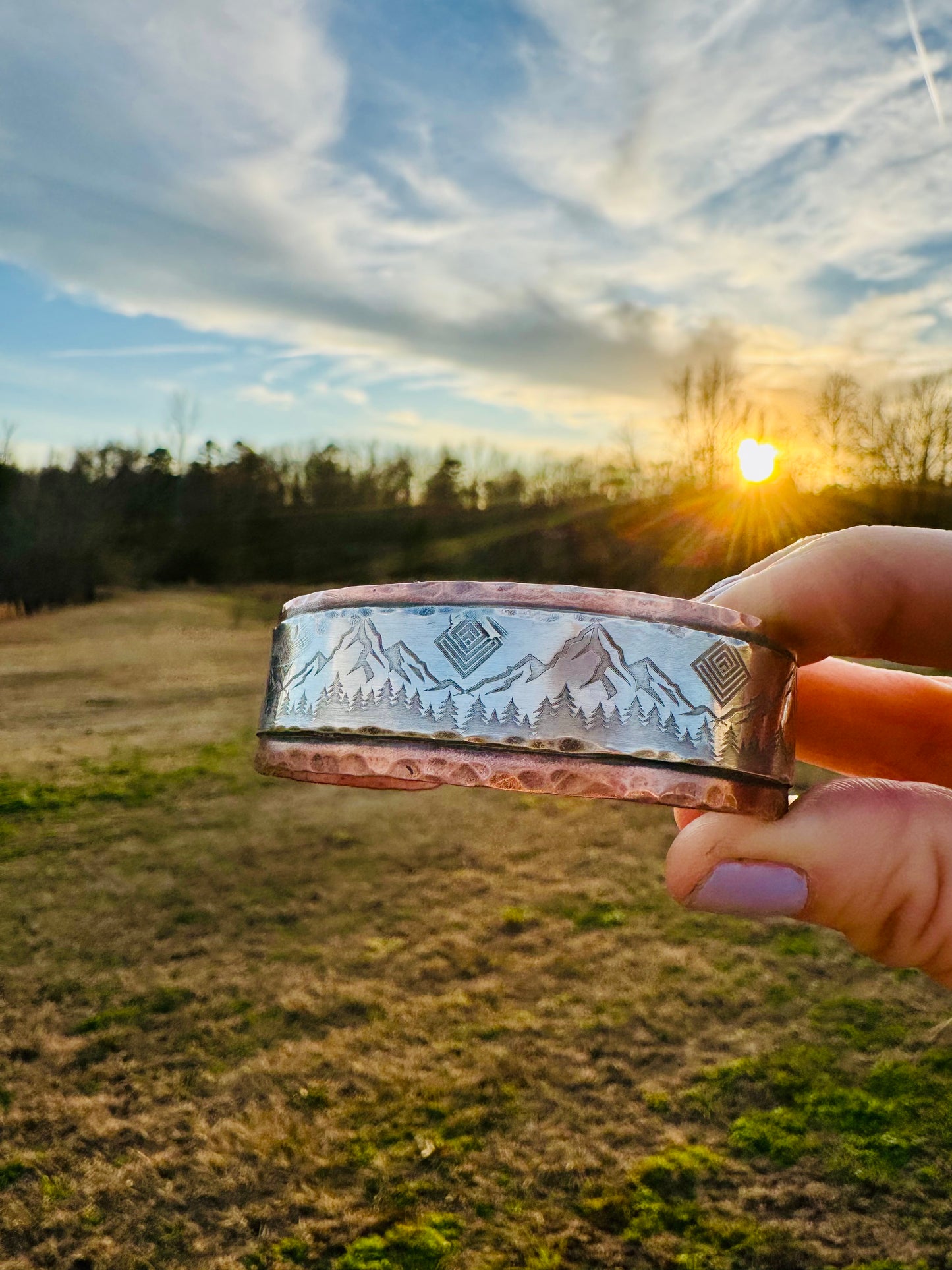 Sterling silver and Copper Mountain scene Cuff Bracelet