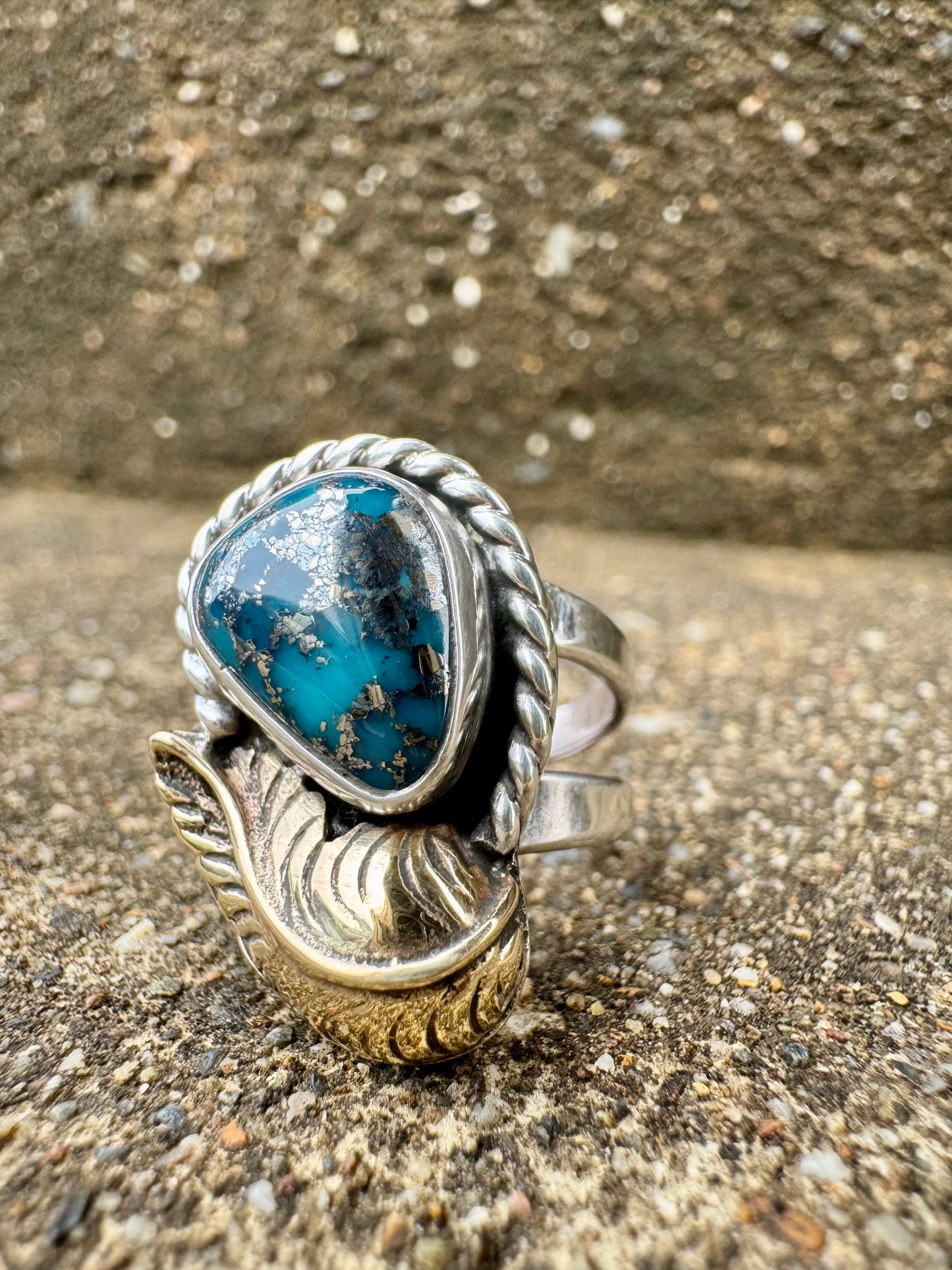 Pyrite Turquoise with Brass Feather Ring size 7