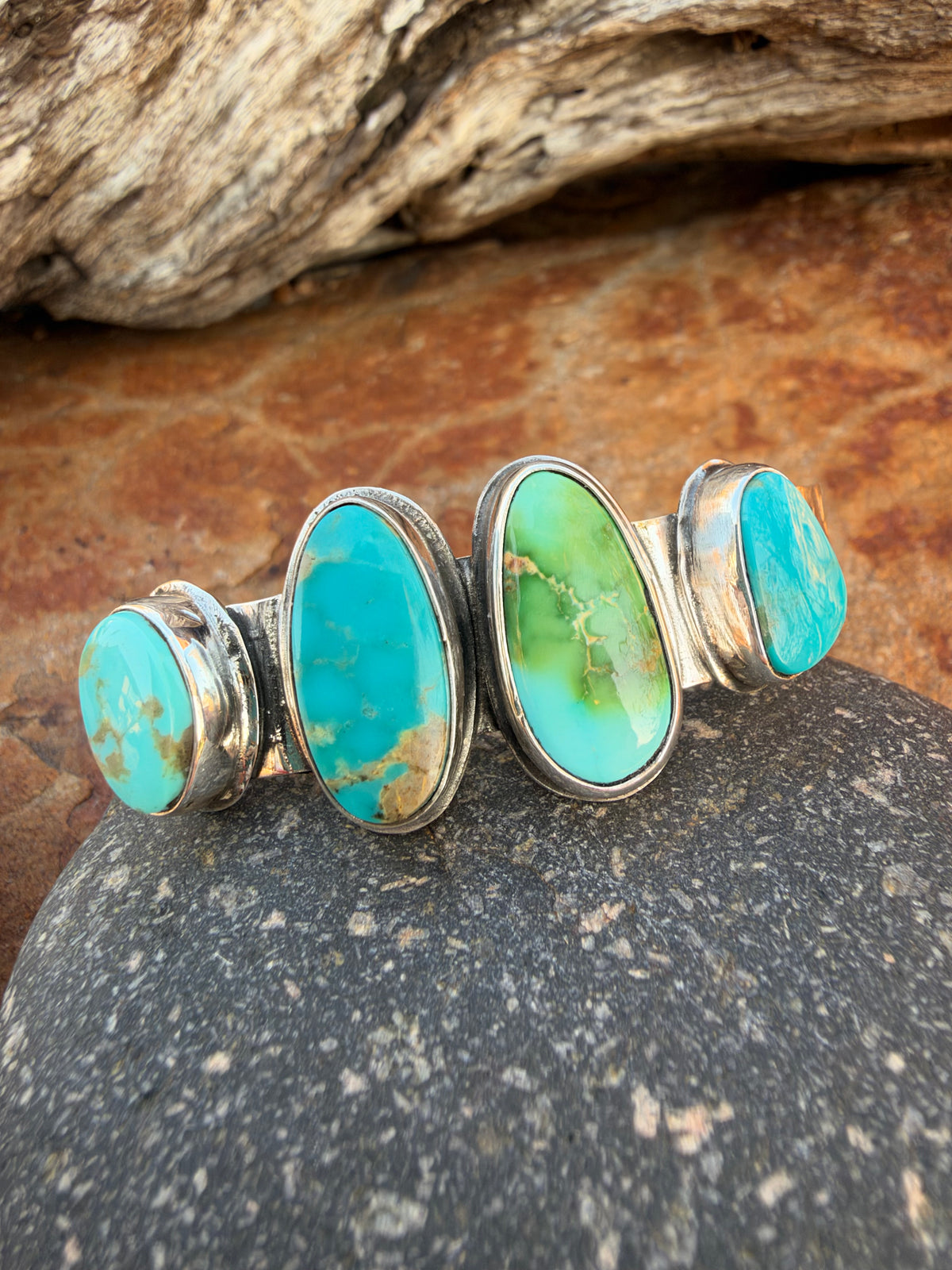 Sonoran Gold and Kingman Turquoise Navajo Stamped Cuff Bracelet