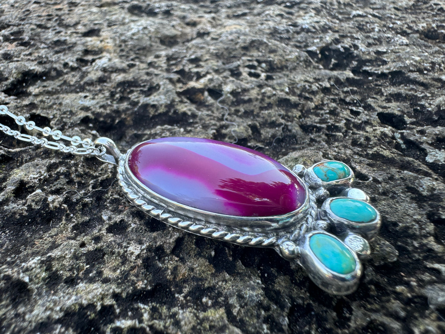 Fuchsia pink agate and turquoise pendant