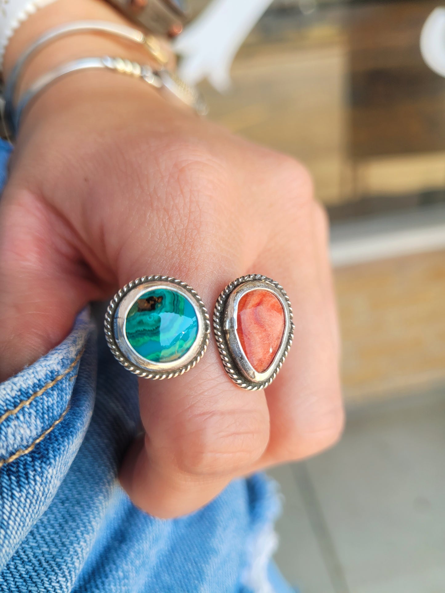 Adjustable Azurite/ Malachite and Spiny Oyster ring