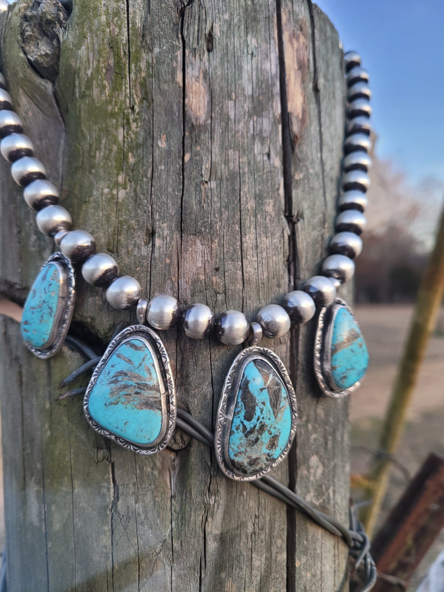 Smoky Blue Kingman turquoise Navajo pearl necklace