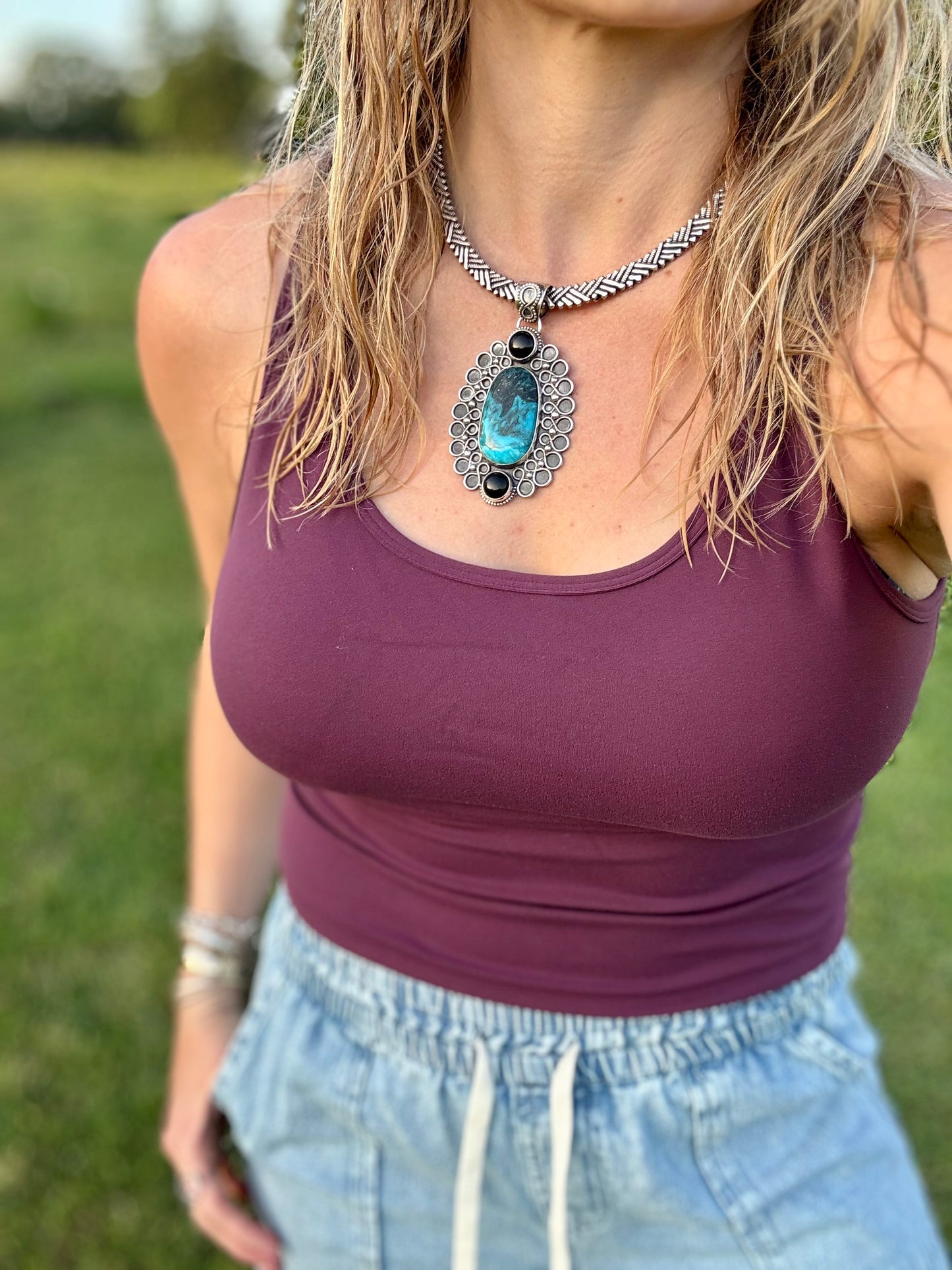 Blue Diamond Turquoise and Black Onyx Statement Pendant