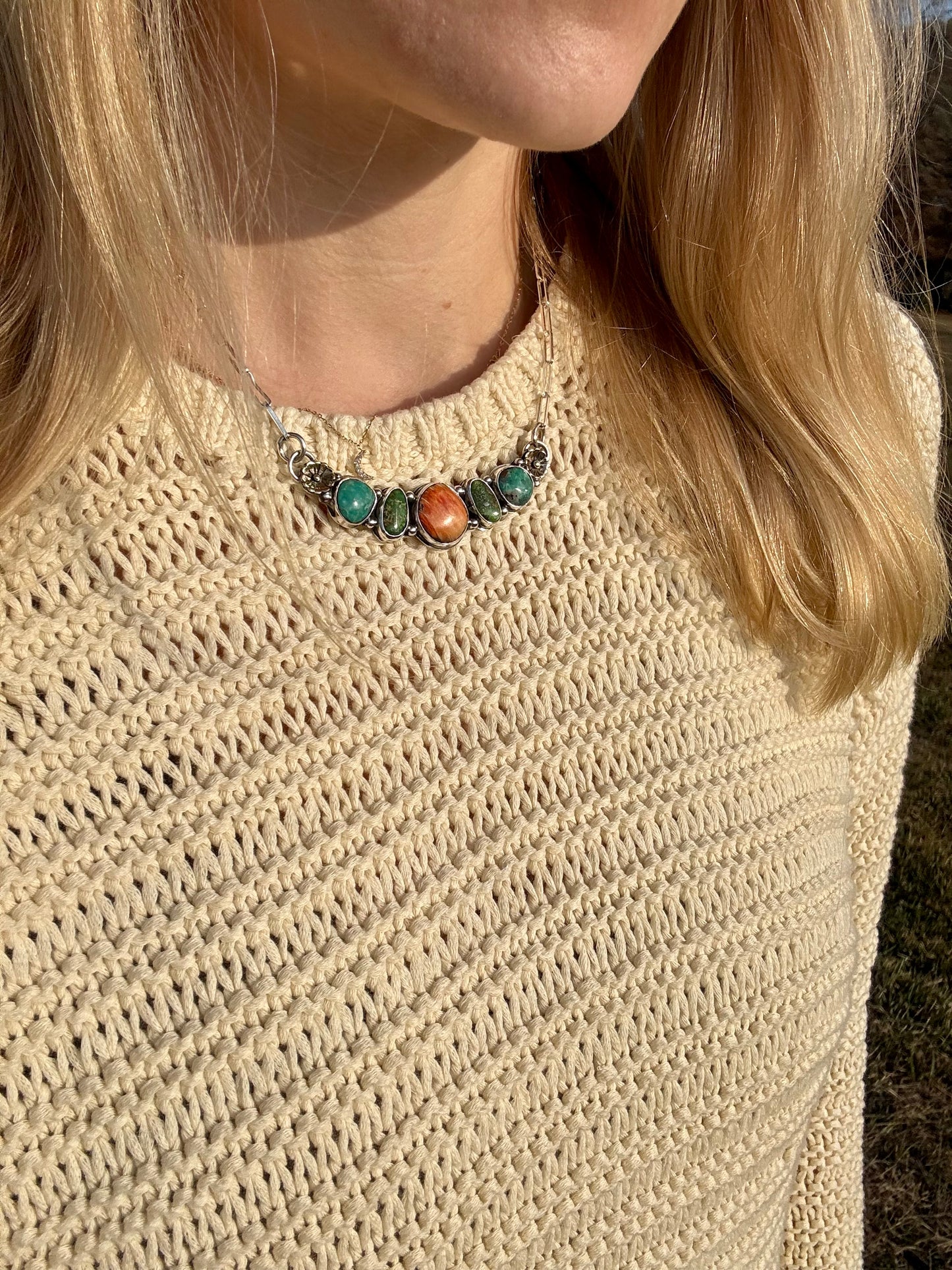 Spiny Oyster and Turquoise station necklace