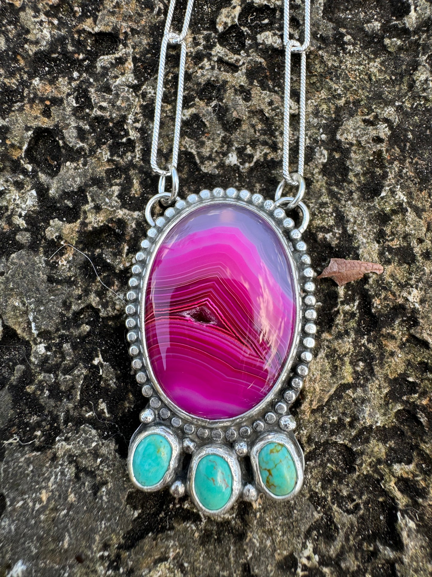 Fuchsia Pink Banded Agate with druse station necklace