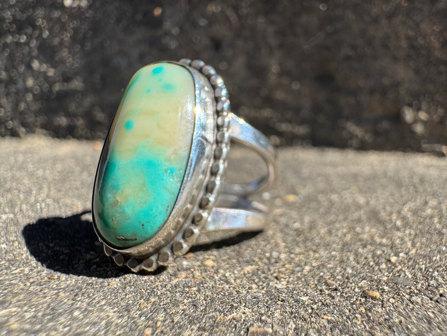 Cream and Turquoise beaded wire ring size 7.5