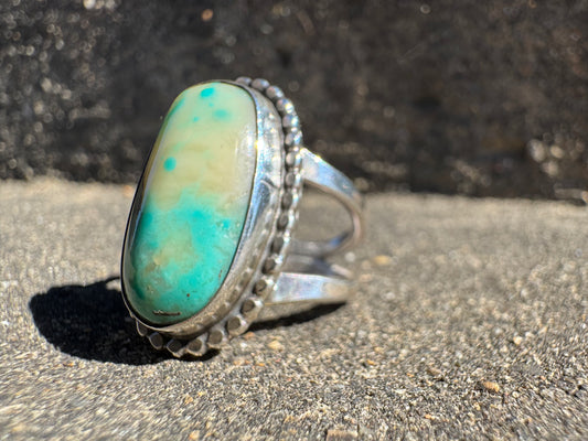 Cream and Turquoise beaded wire ring size 7.5
