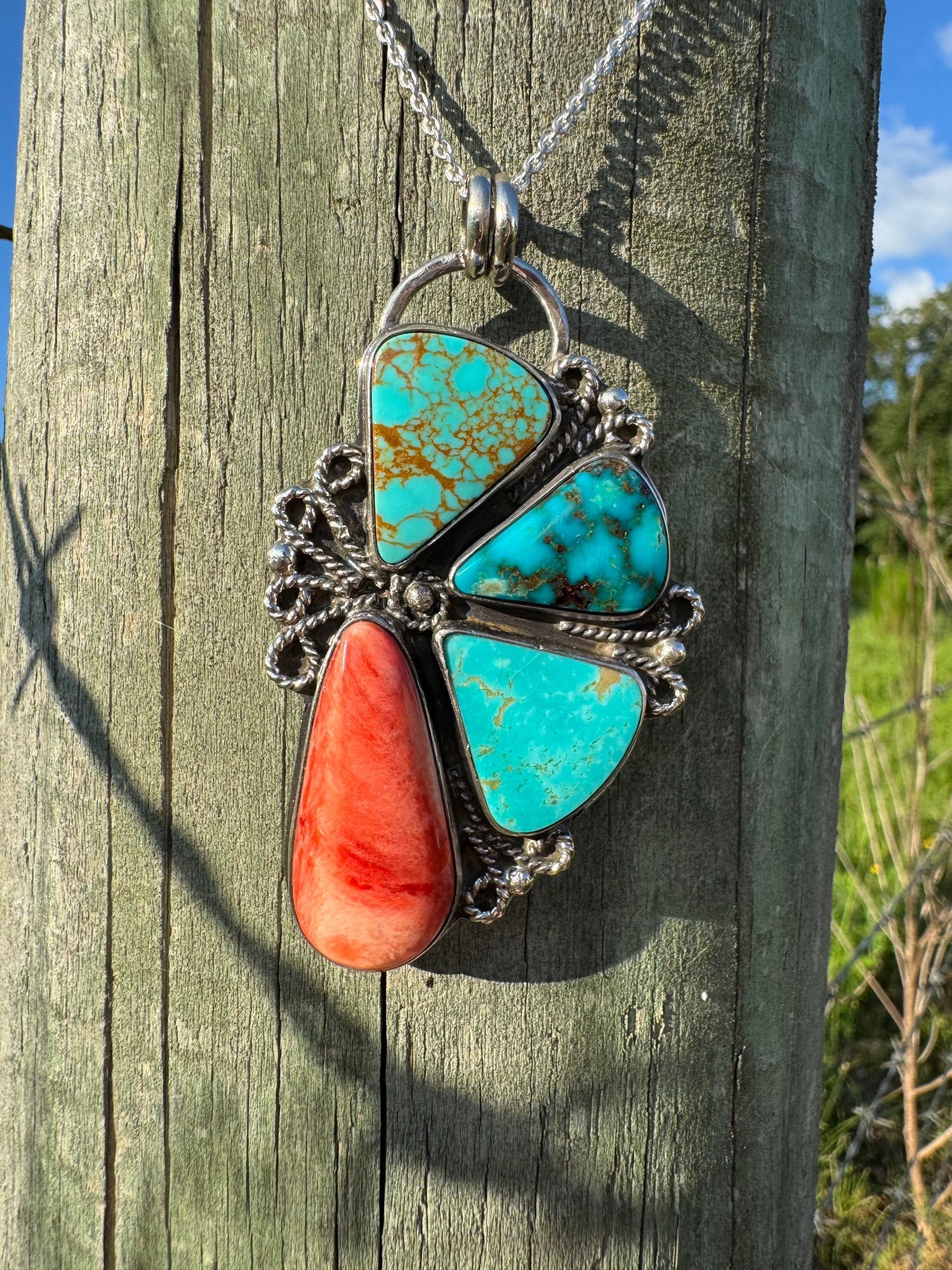 Blossom cluster Pendant with Turquoise and Spiny oyster shell