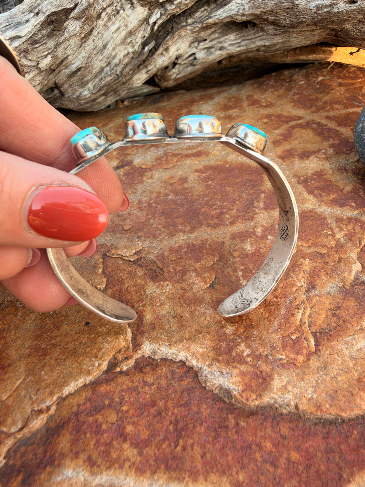 Sonoran Gold and Kingman Turquoise Navajo Stamped Cuff Bracelet
