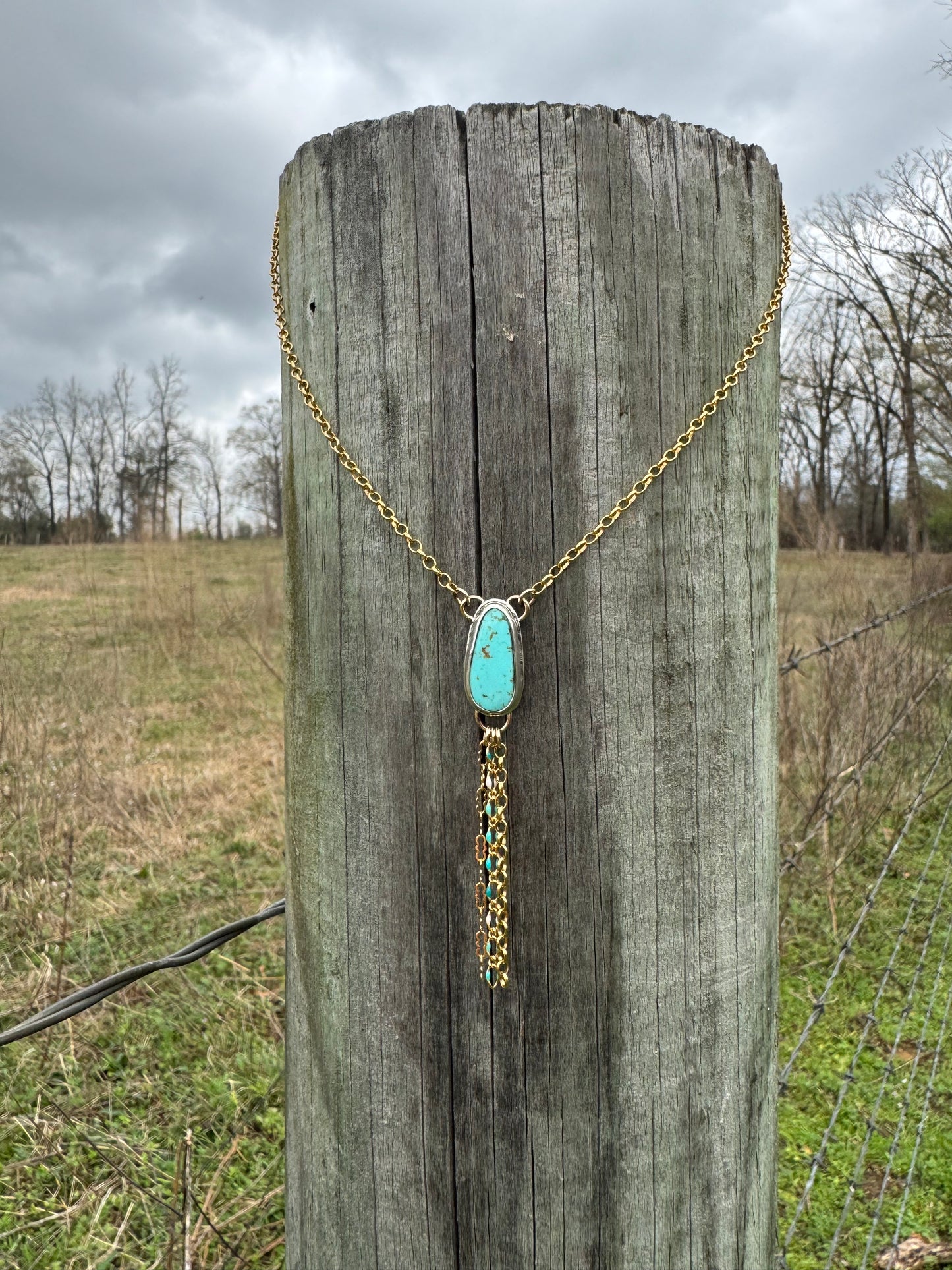Yellow Gold Fill and sterling silver Turquoise Lariat Necklace