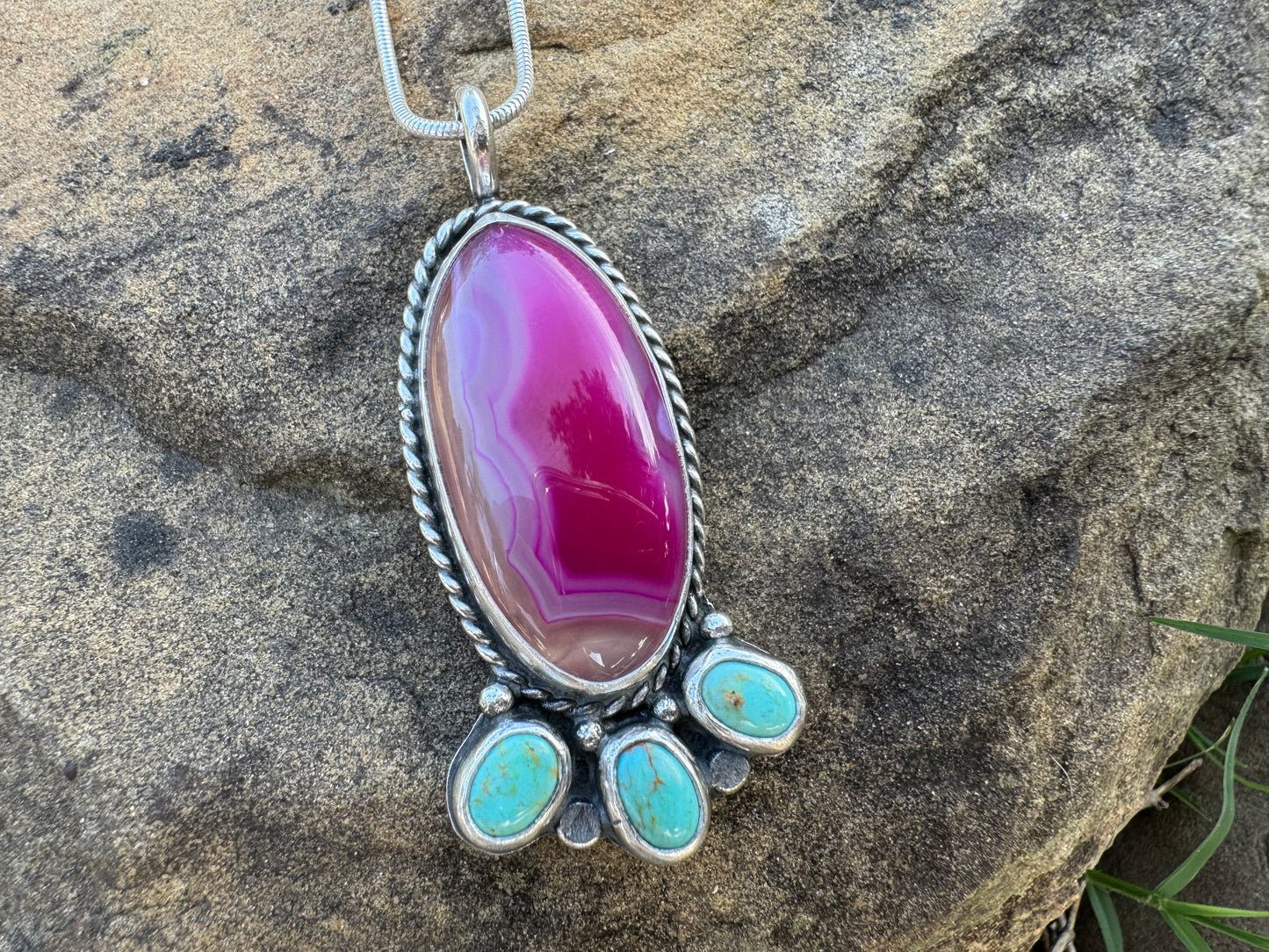 Fuchsia Pink Agate and Turquoise blossom pendant