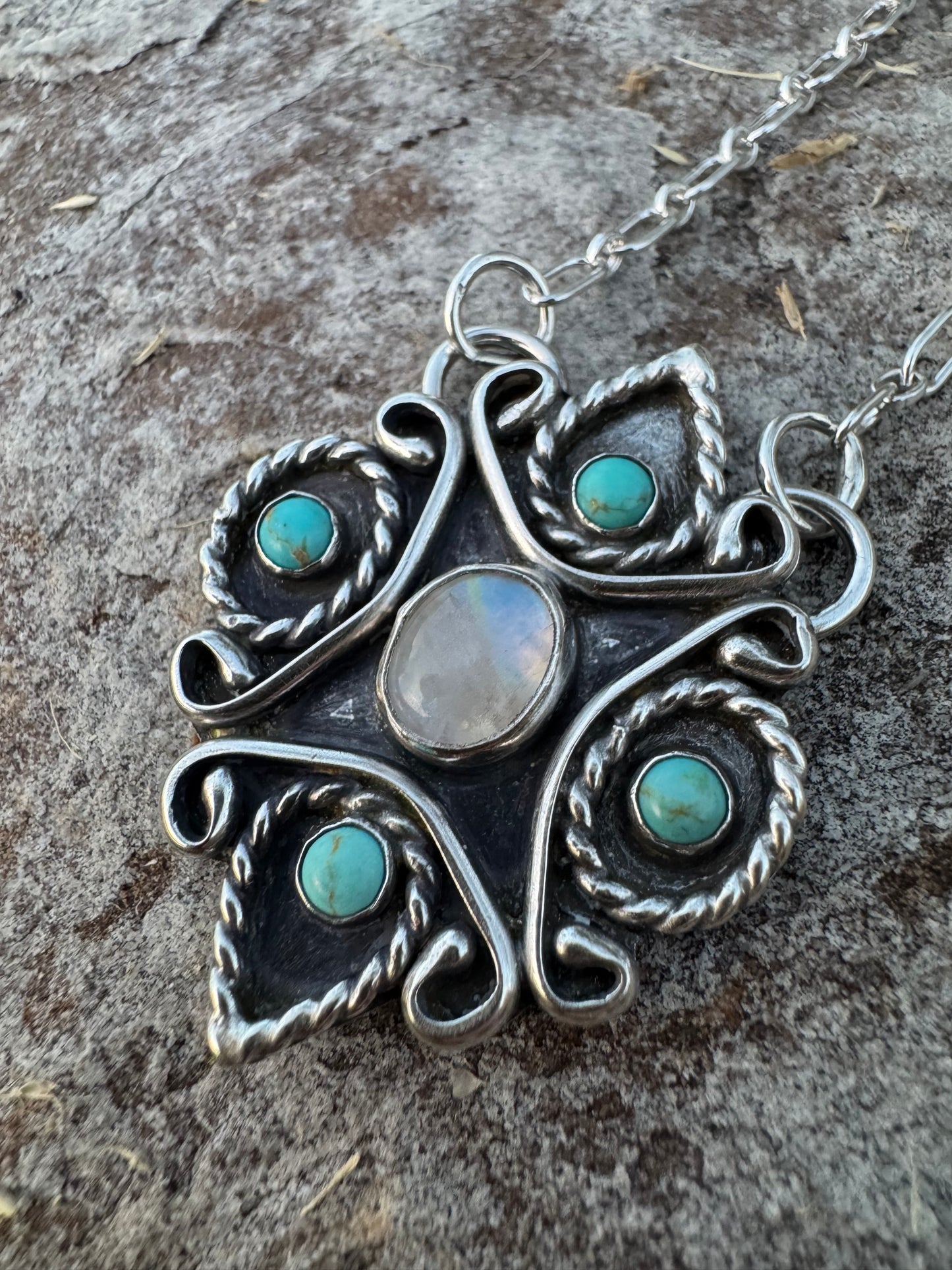Moonstone and Turquoise Filigree Necklace