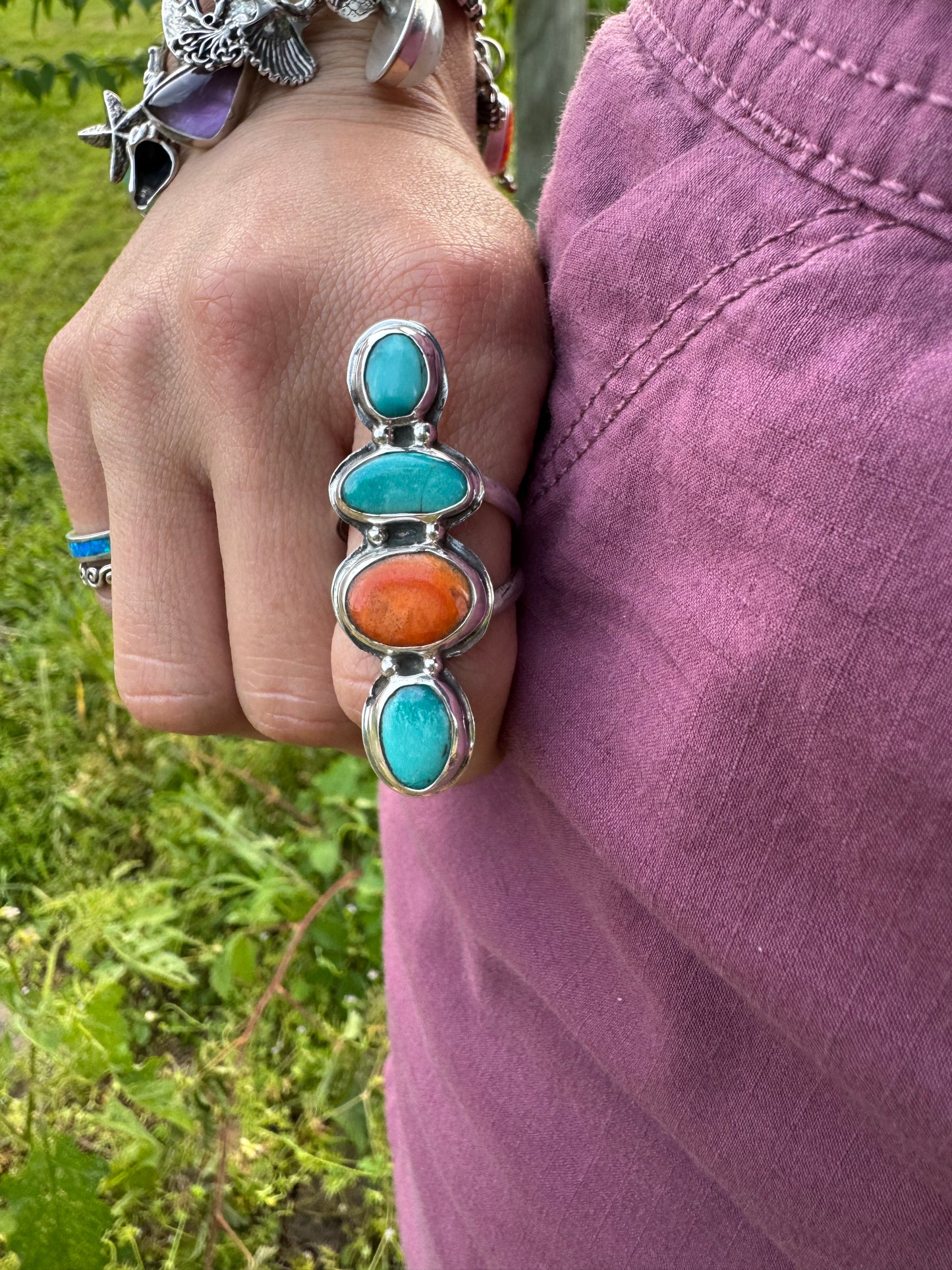 Turquoise and spiny oyster shell Ring size 9