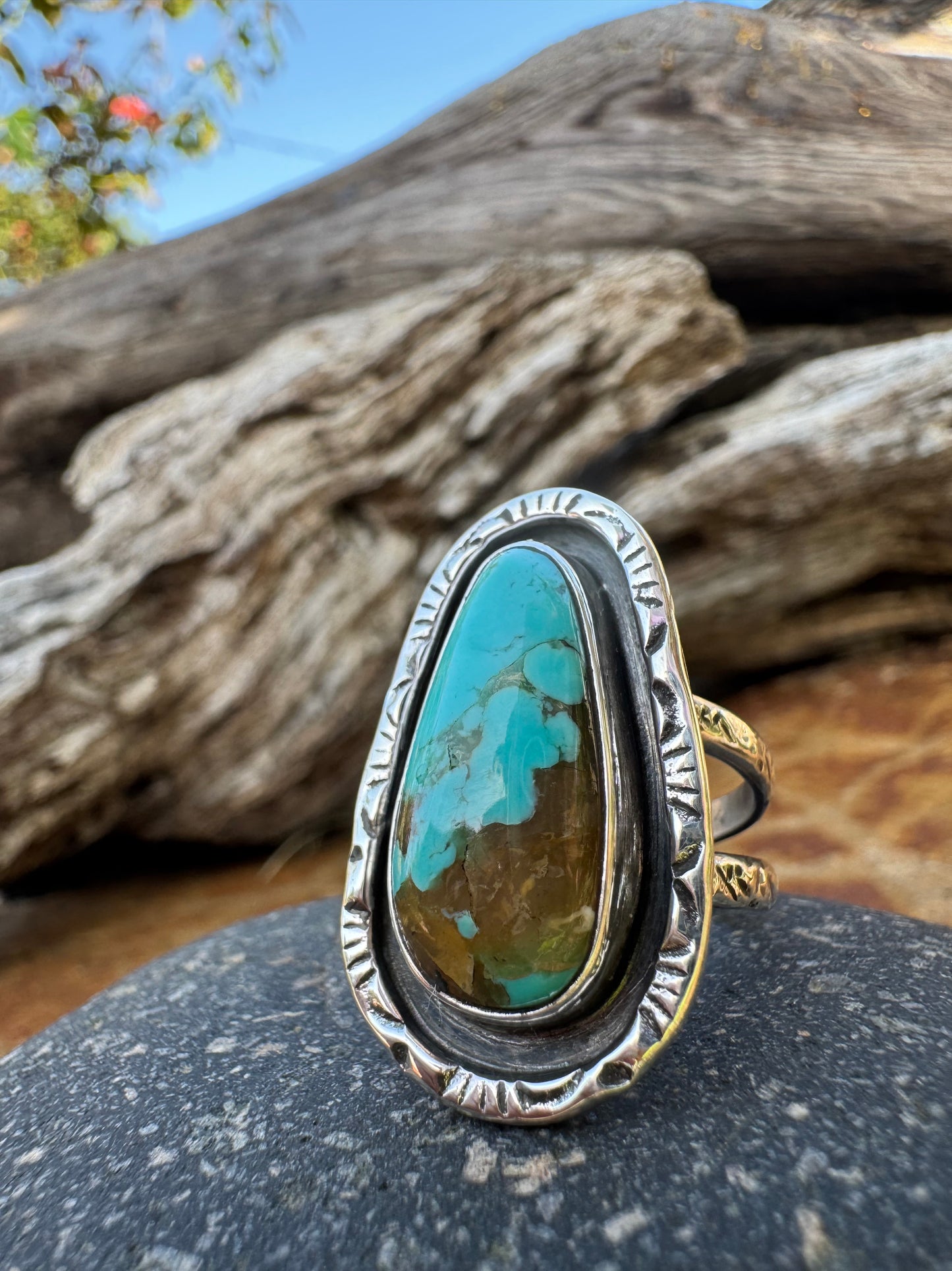 Hand stamped turquoise ring size 8