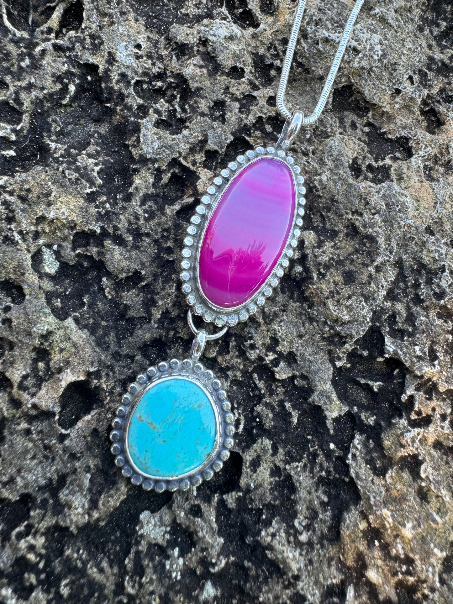 Pink agate and turquoise long pendant