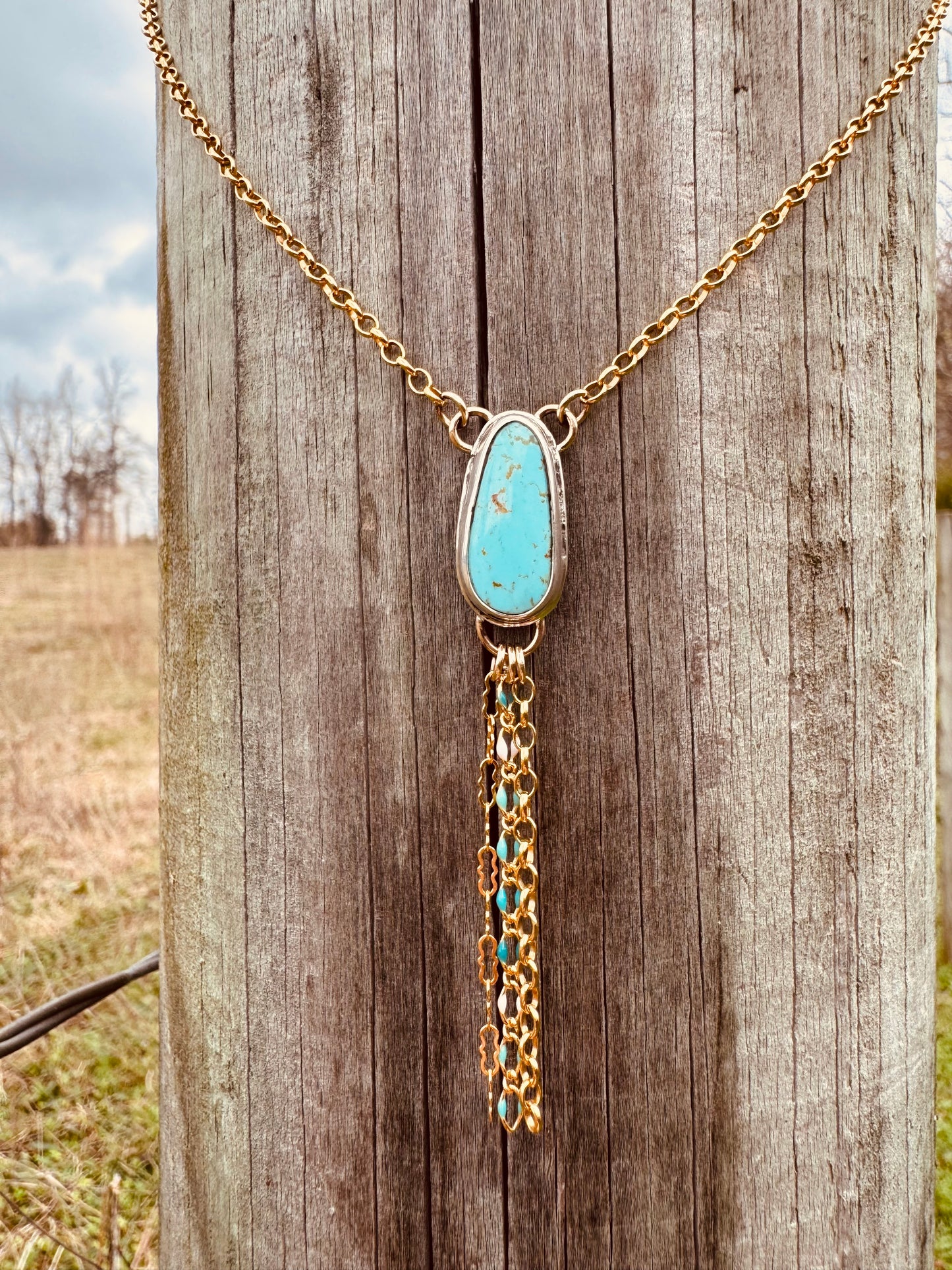 Yellow Gold Fill and sterling silver Turquoise Lariat Necklace