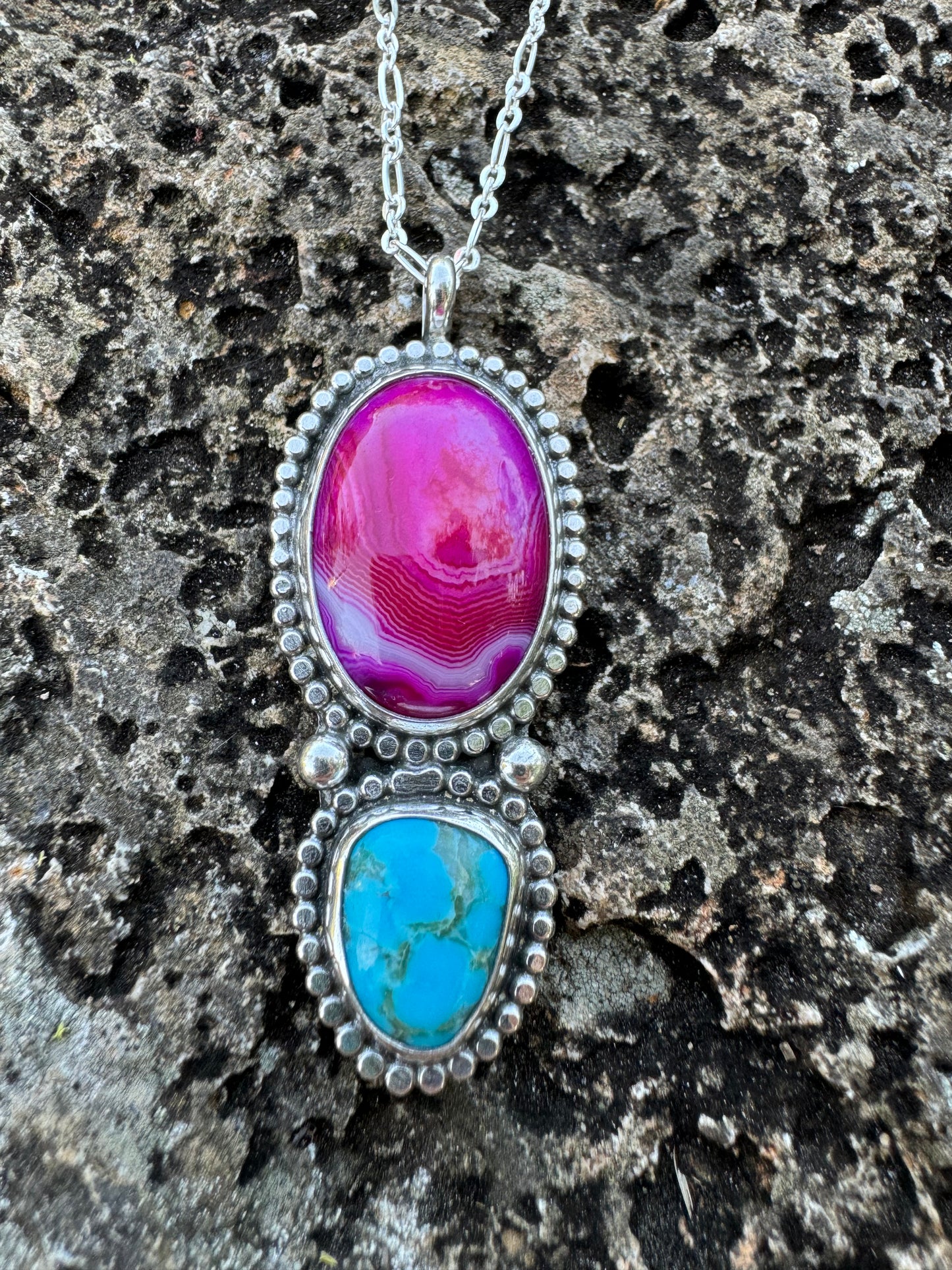 Pink agate and turquoise pendant