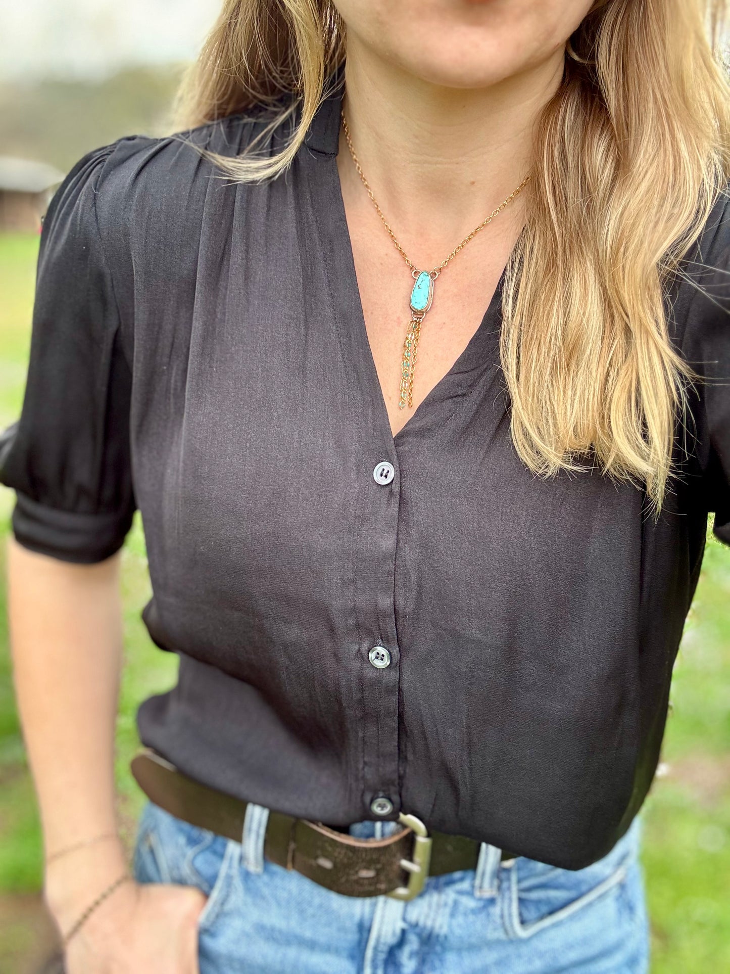 Yellow Gold Fill and sterling silver Turquoise Lariat Necklace