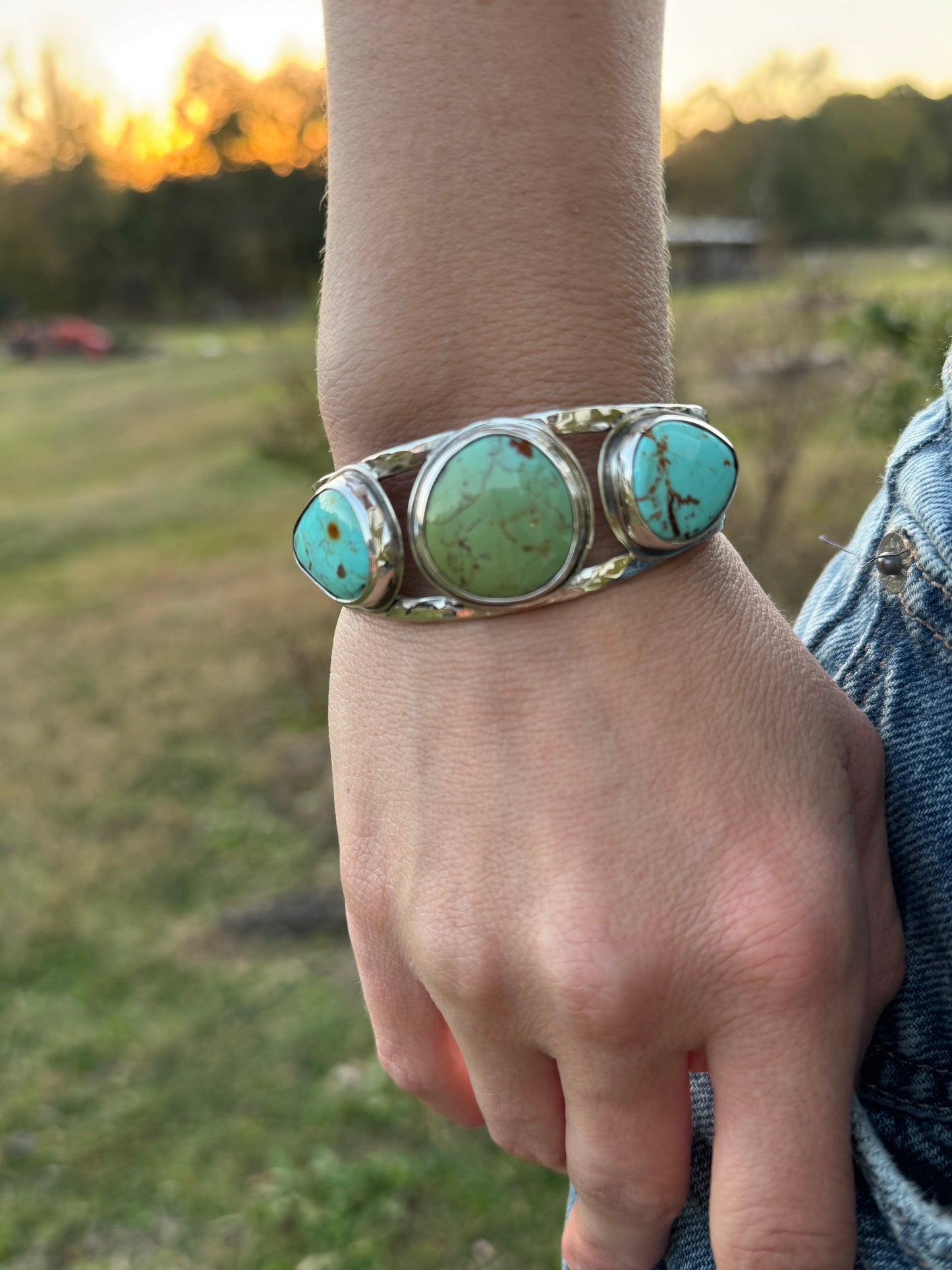 Three stone Tyrone turquoise cuff bracelet