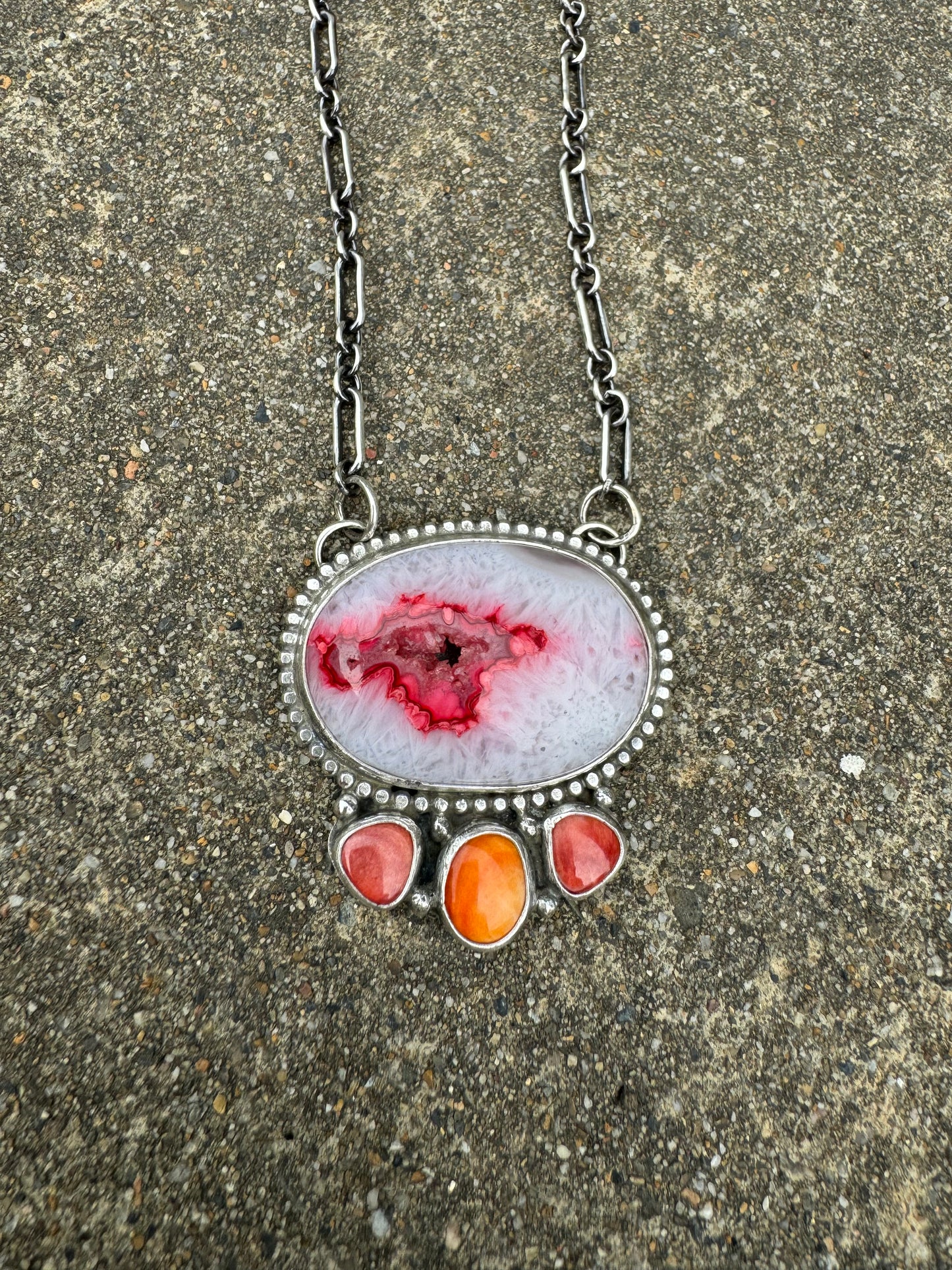 Hot pink and orange druse agate necklace