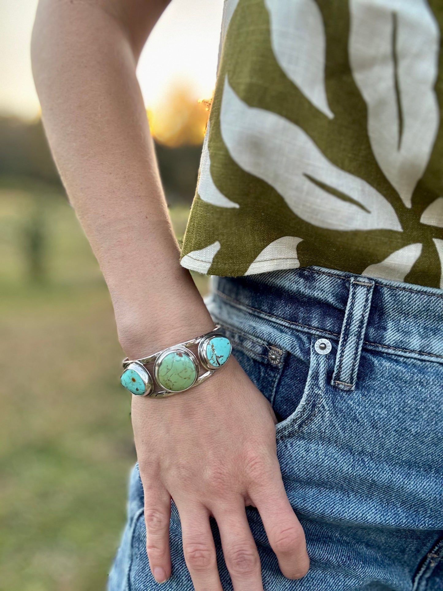 Three stone Tyrone turquoise cuff bracelet