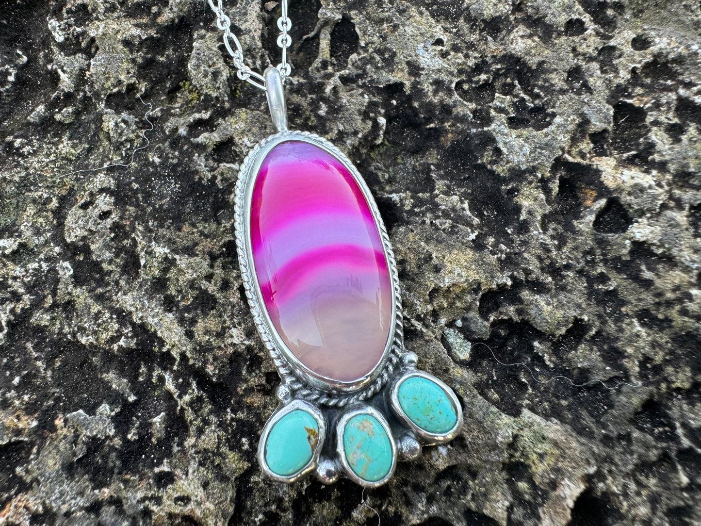 Pink agate and turquoise blossom necklace