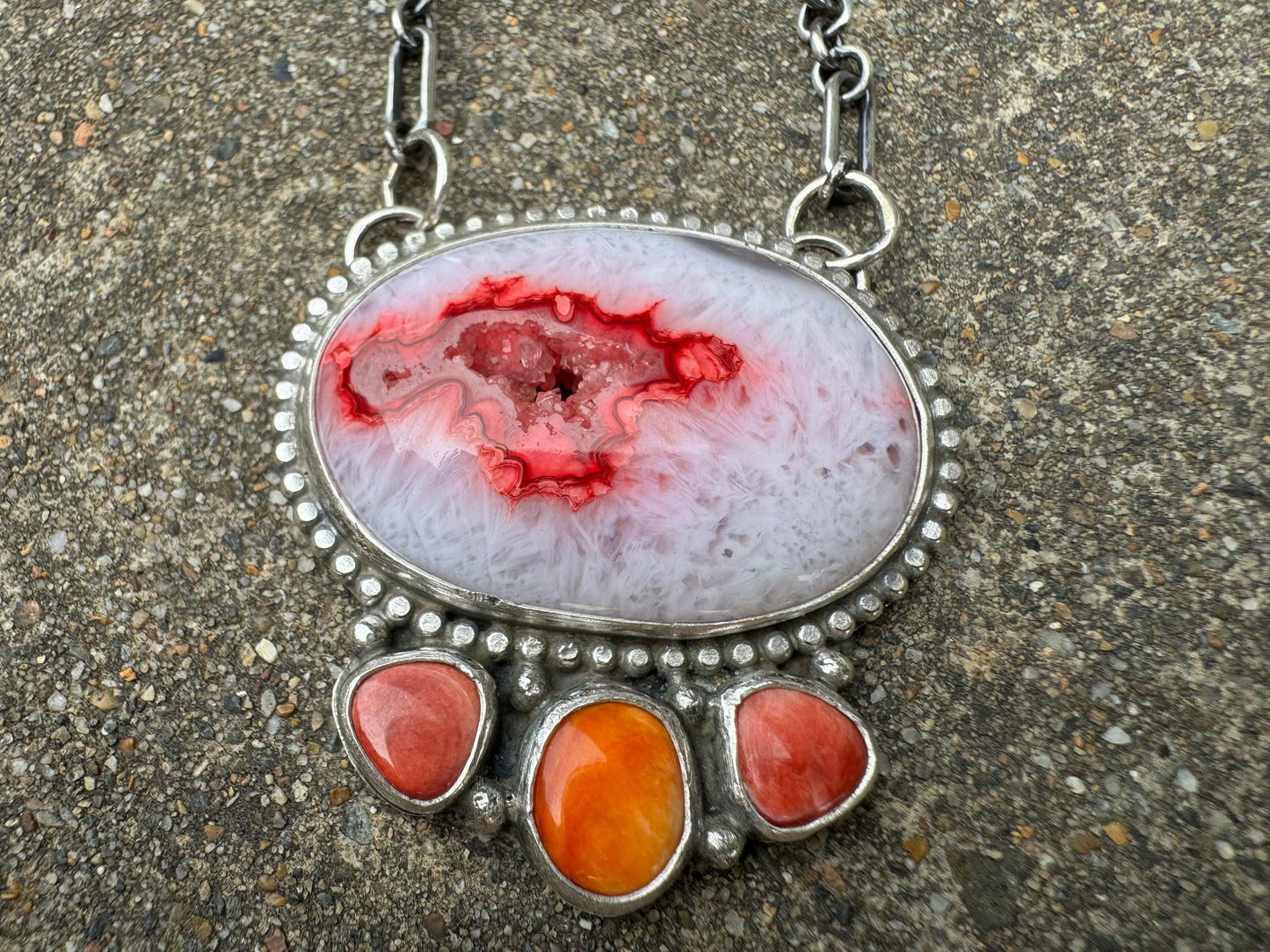 Hot pink and orange druse agate necklace