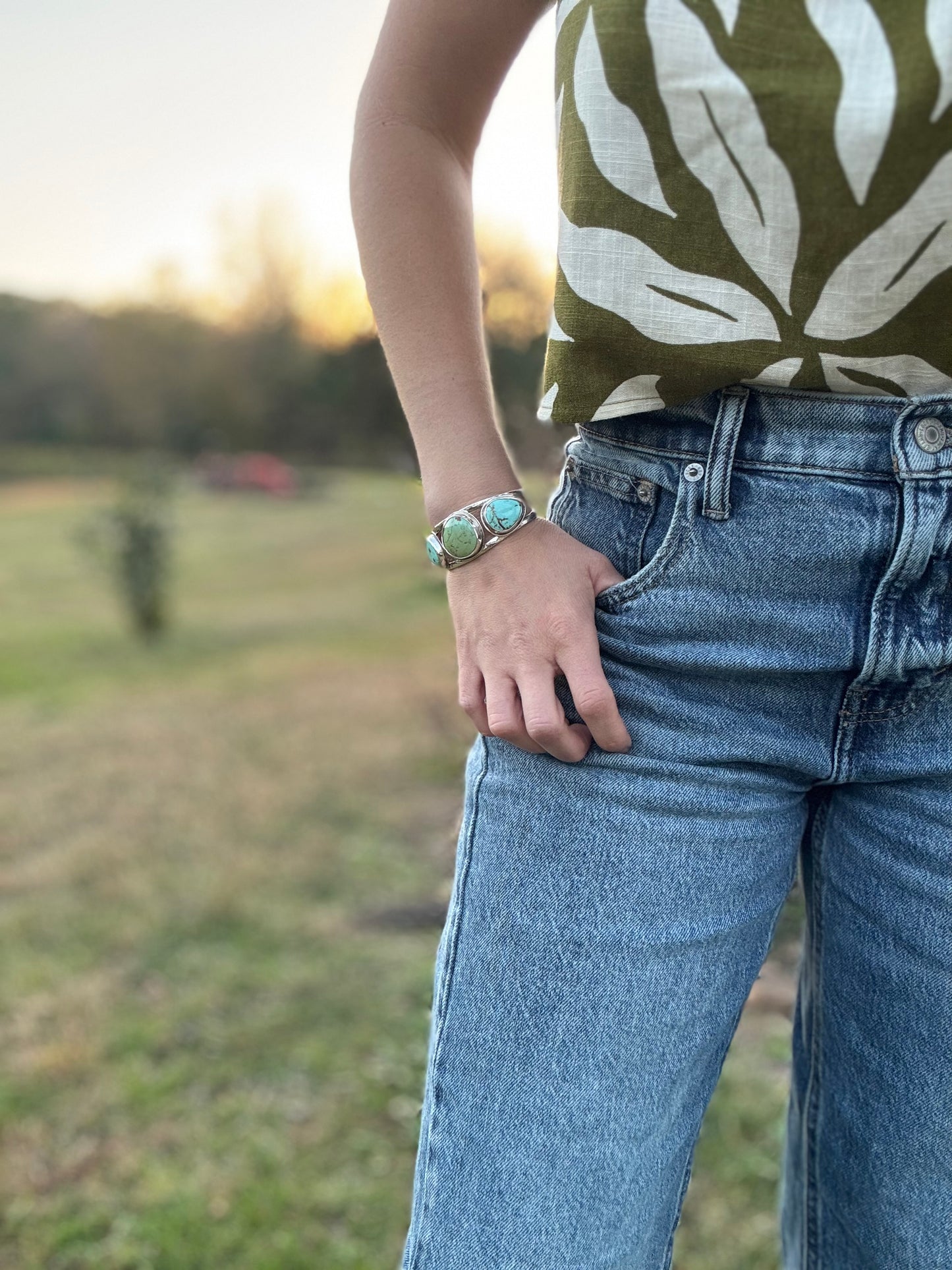 Three stone Tyrone turquoise cuff bracelet