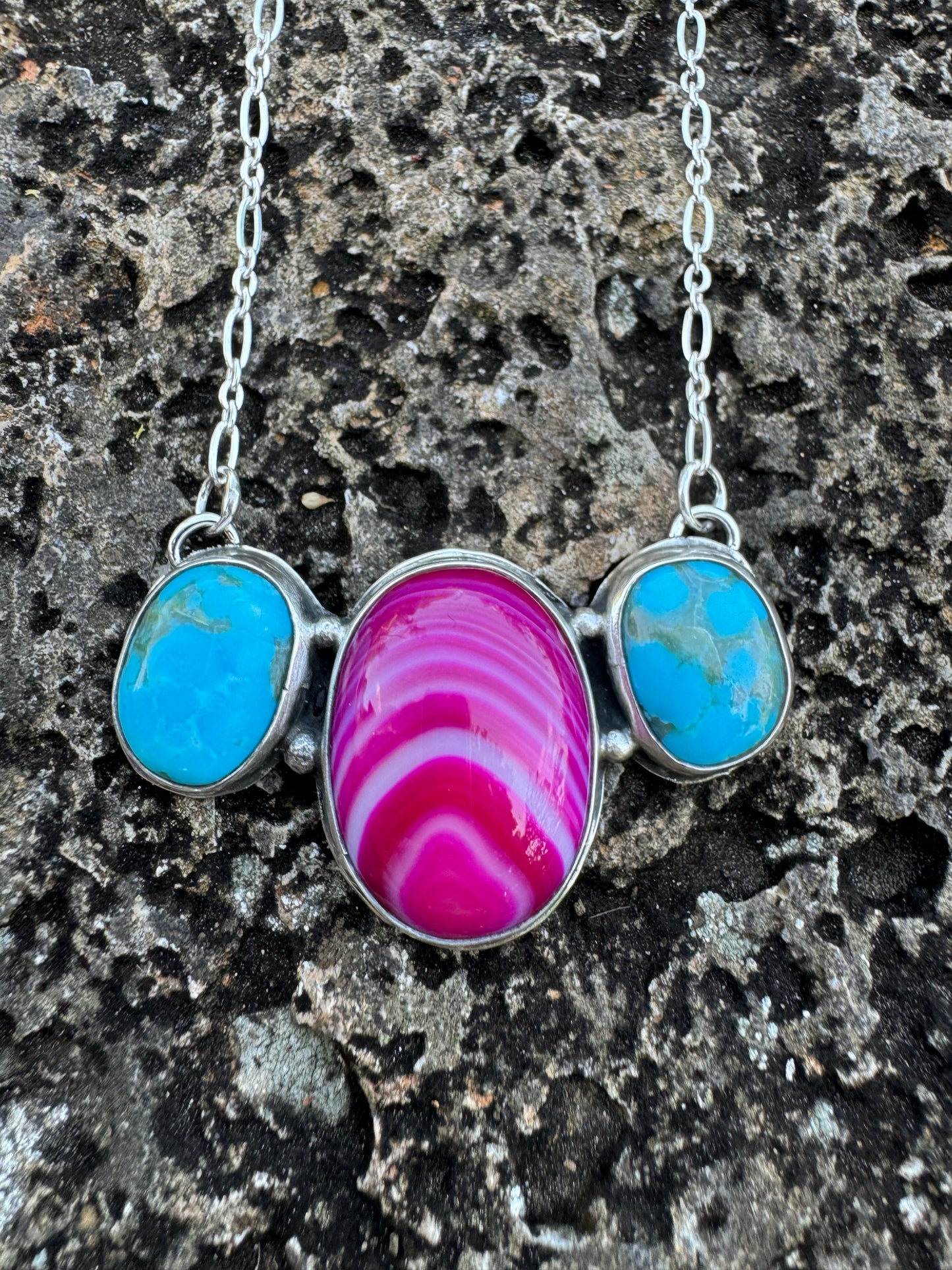 Pink agate and Turquoise bar necklace