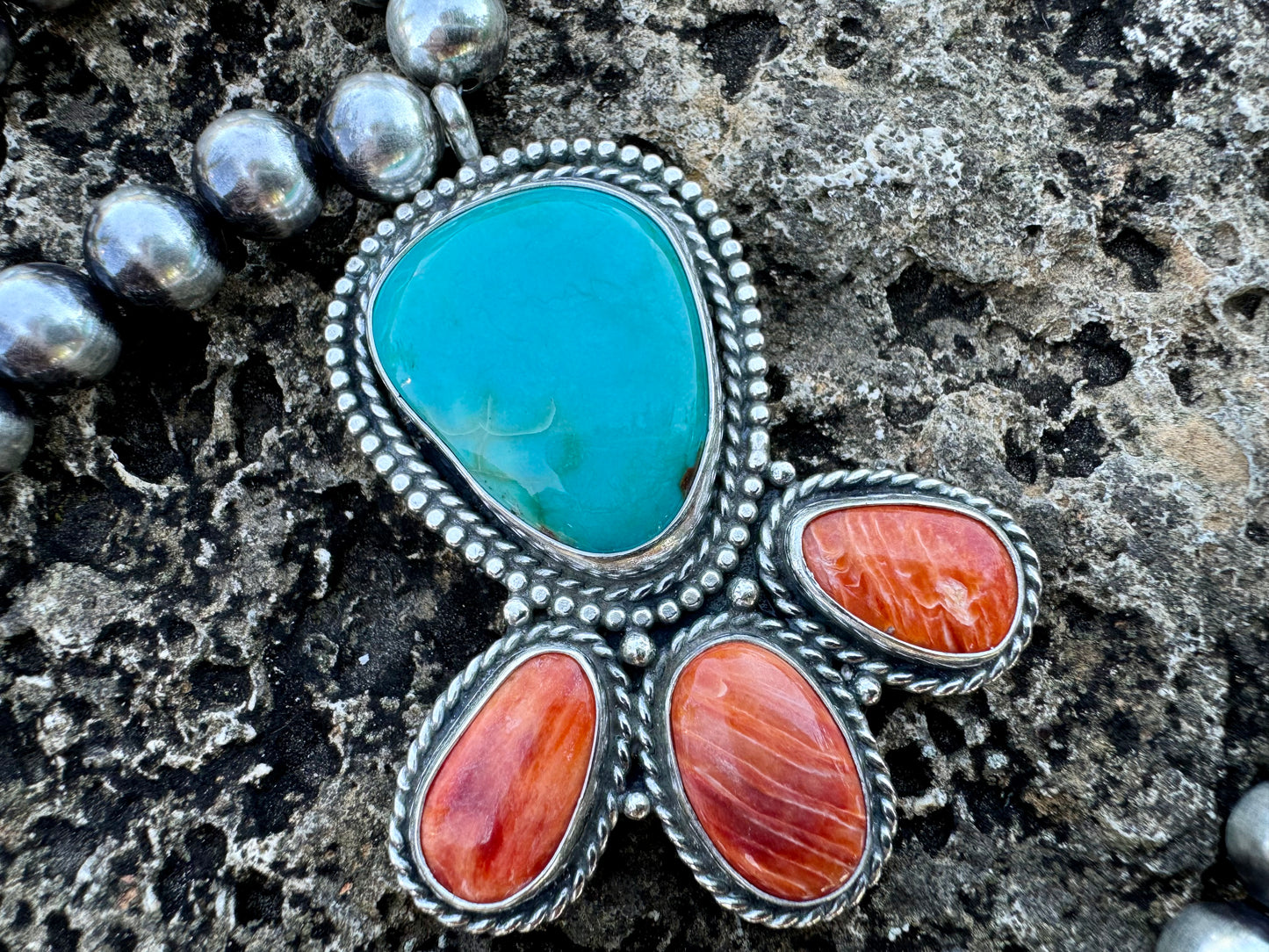 Turquoise and Spiny oyster Navajo Pearl Necklace