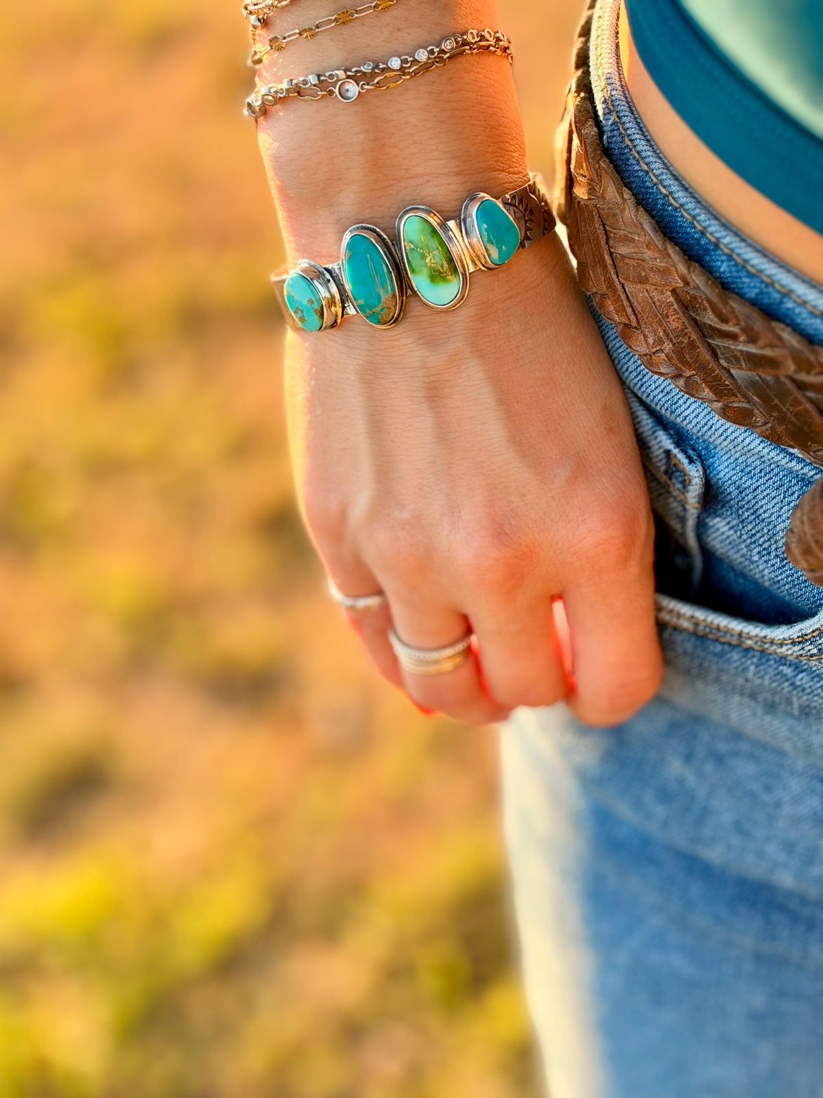 Sonoran Gold and Kingman Turquoise Navajo Stamped Cuff Bracelet