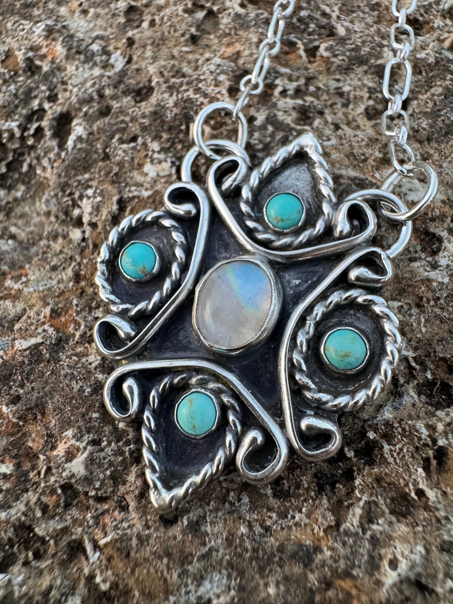 Moonstone and Turquoise Filigree Necklace