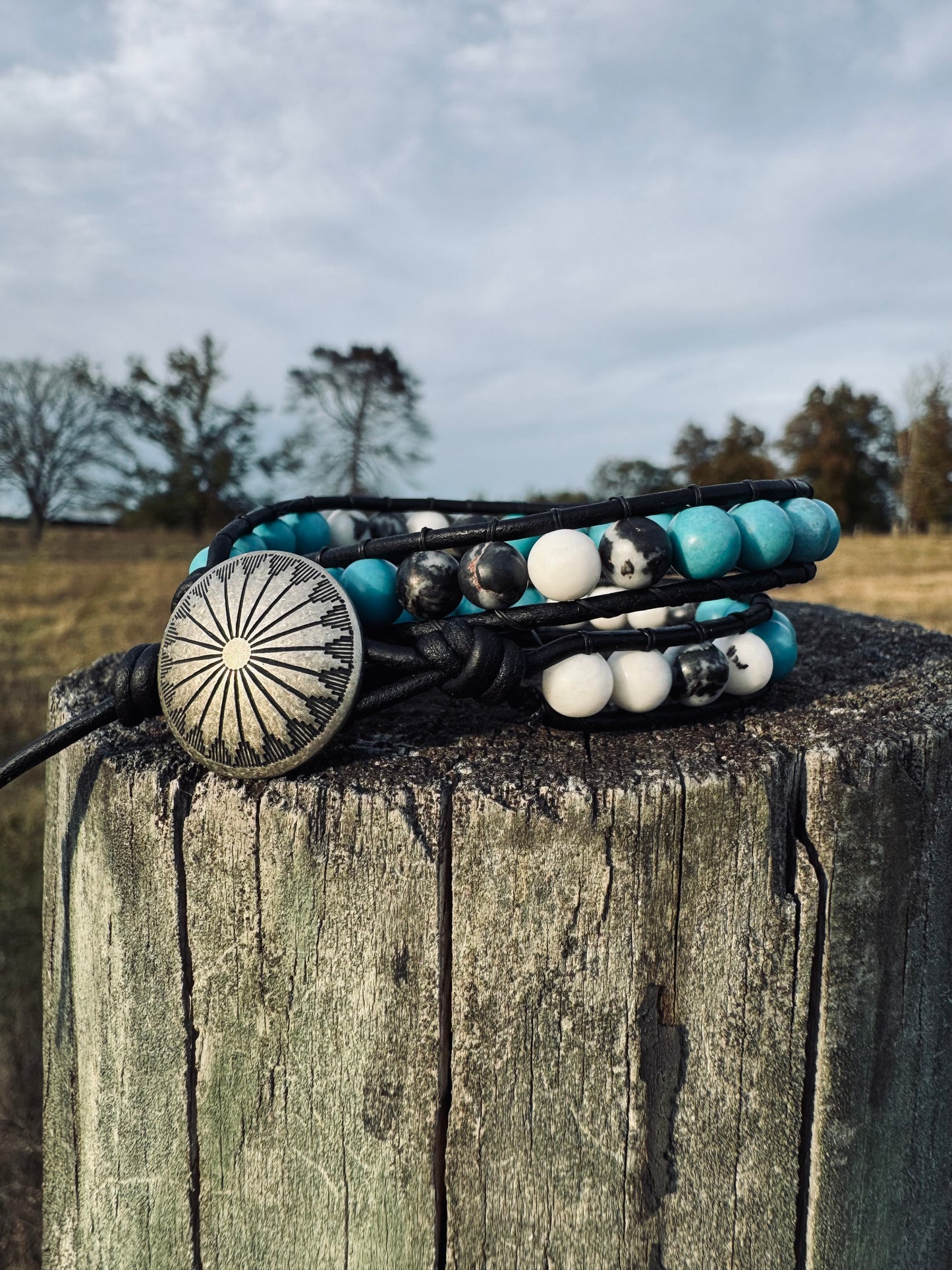 Turquoise, White and Black wrap bracelets