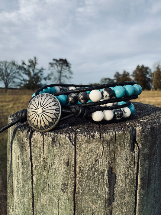 Turquoise, White and Black wrap bracelets