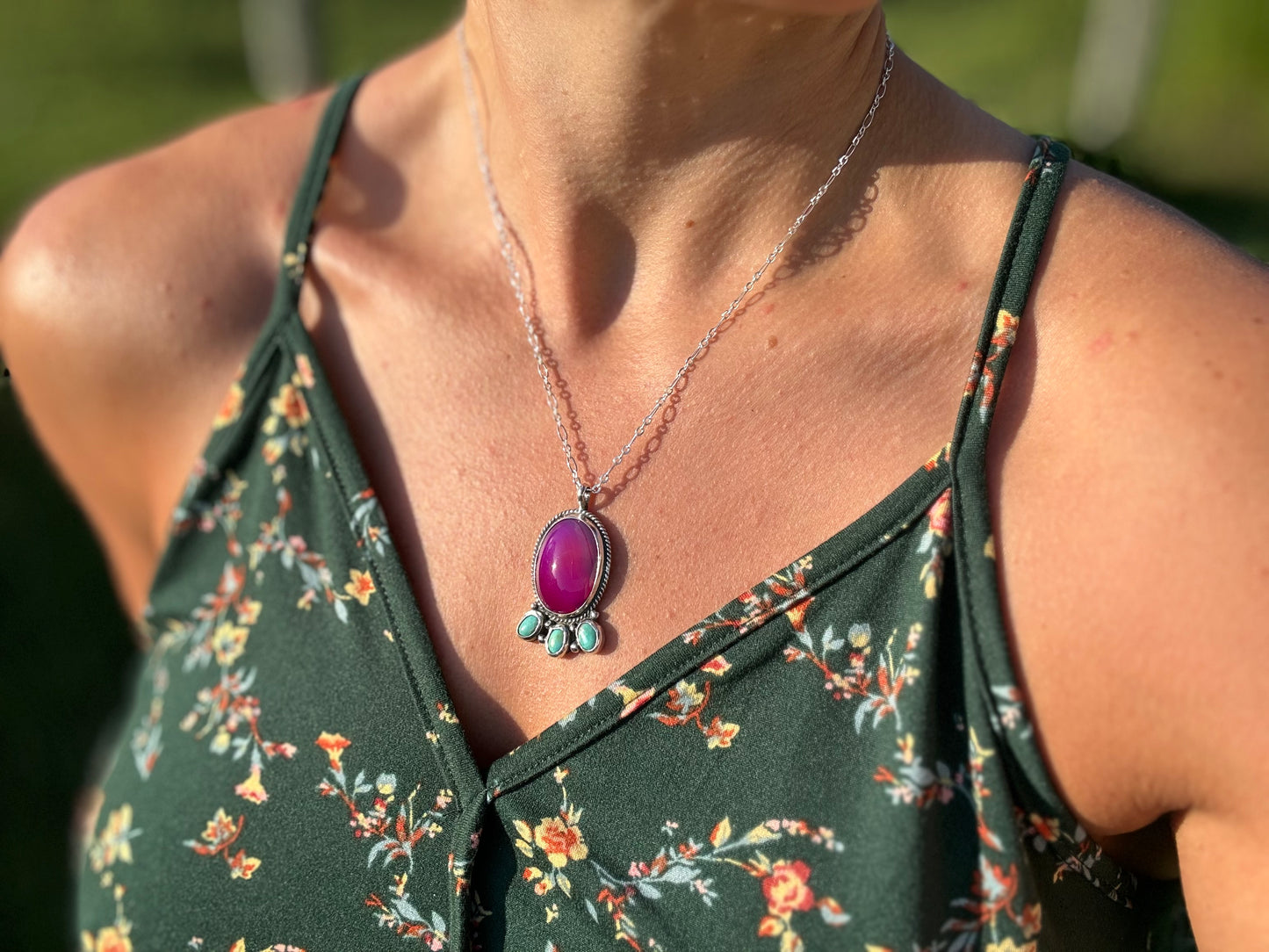 Pink agate and turquoise blossom pendant