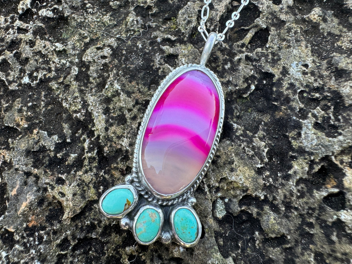 Pink agate and turquoise blossom necklace