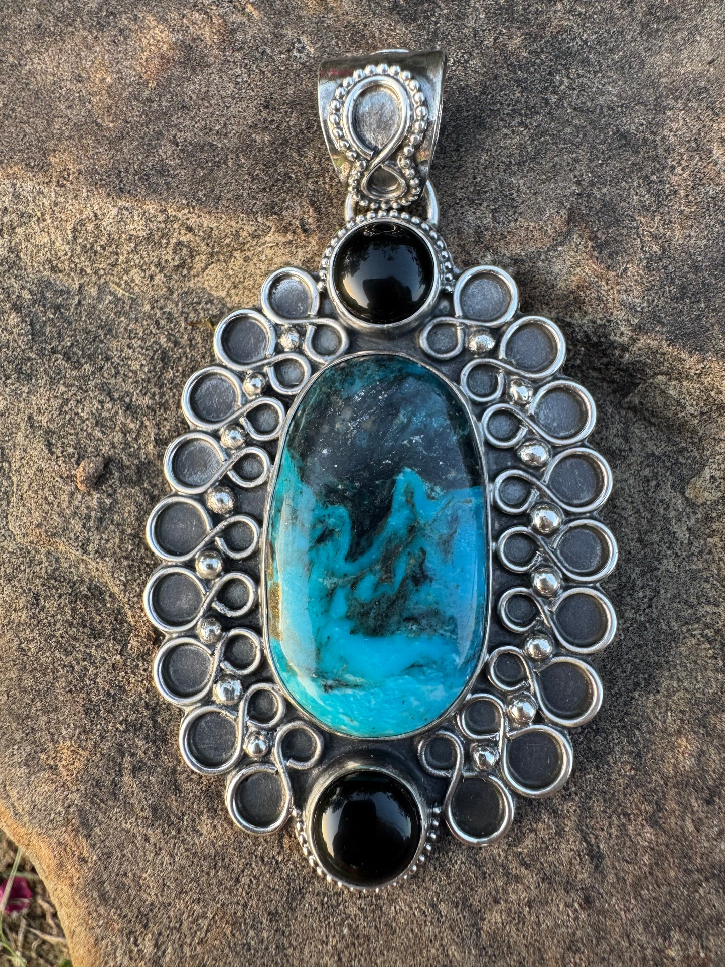 Blue Diamond Turquoise and Black Onyx Statement Pendant