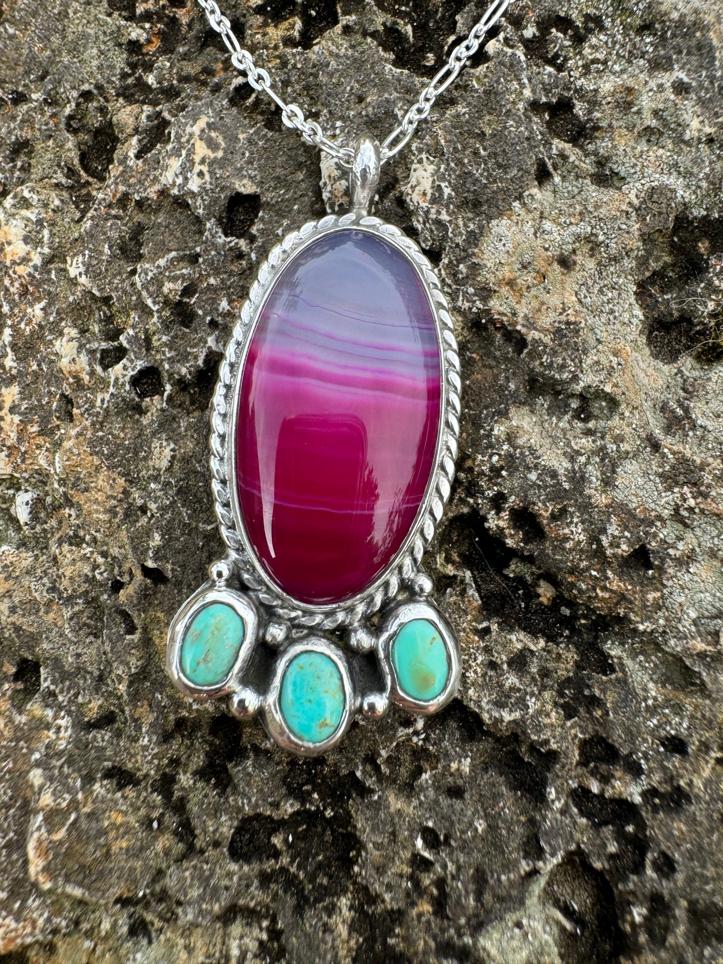 Fuchsia pink agate and turquoise pendant