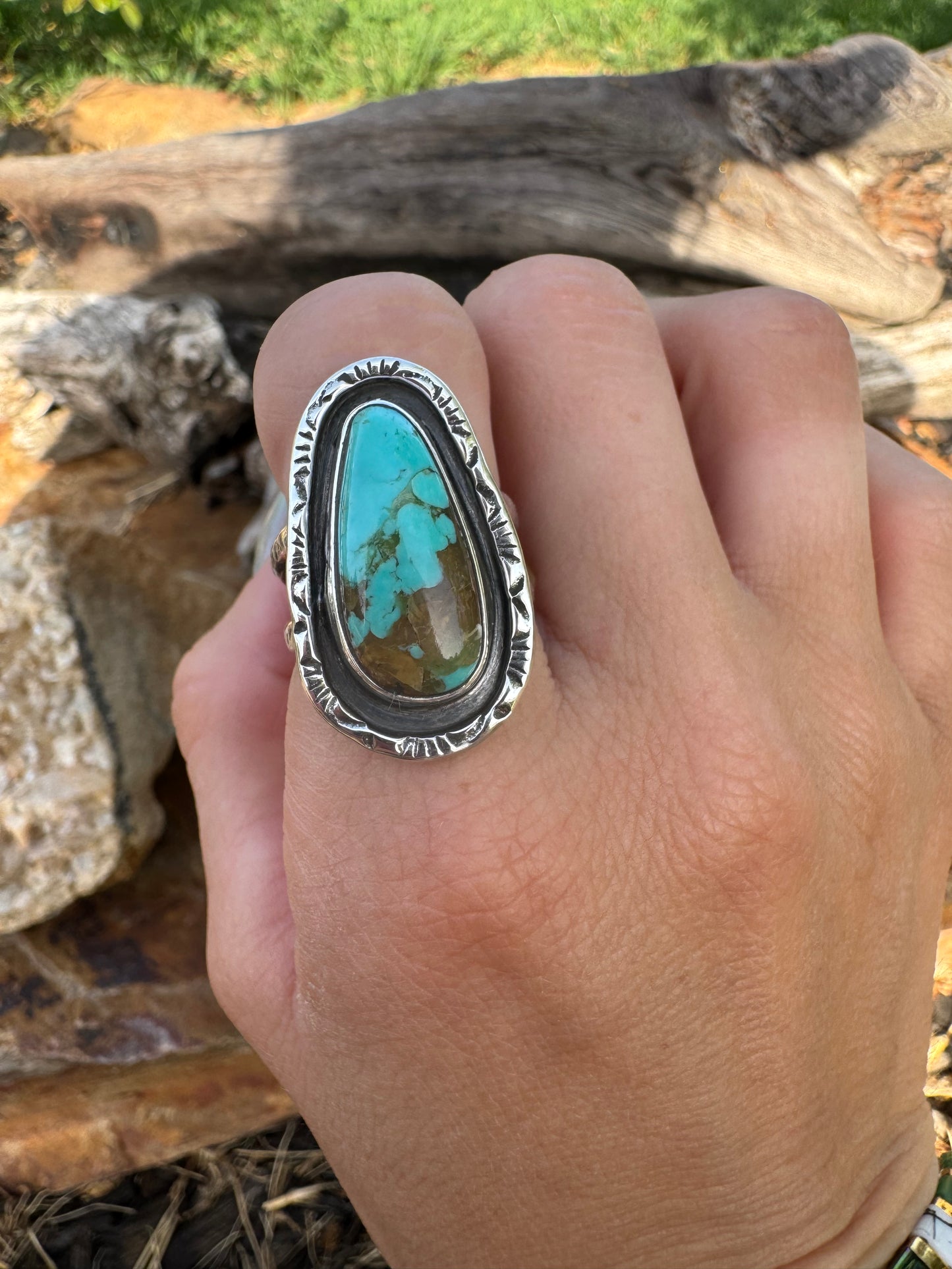 Hand stamped turquoise ring size 8