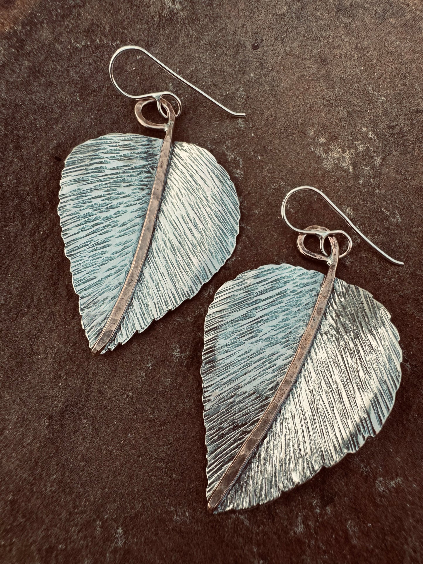 Sterling silver and Bronze textured Leaf Earrings