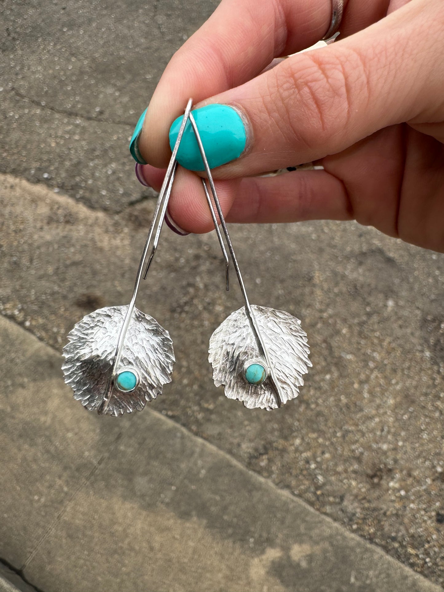Long dangle leaf earrings with turquoise