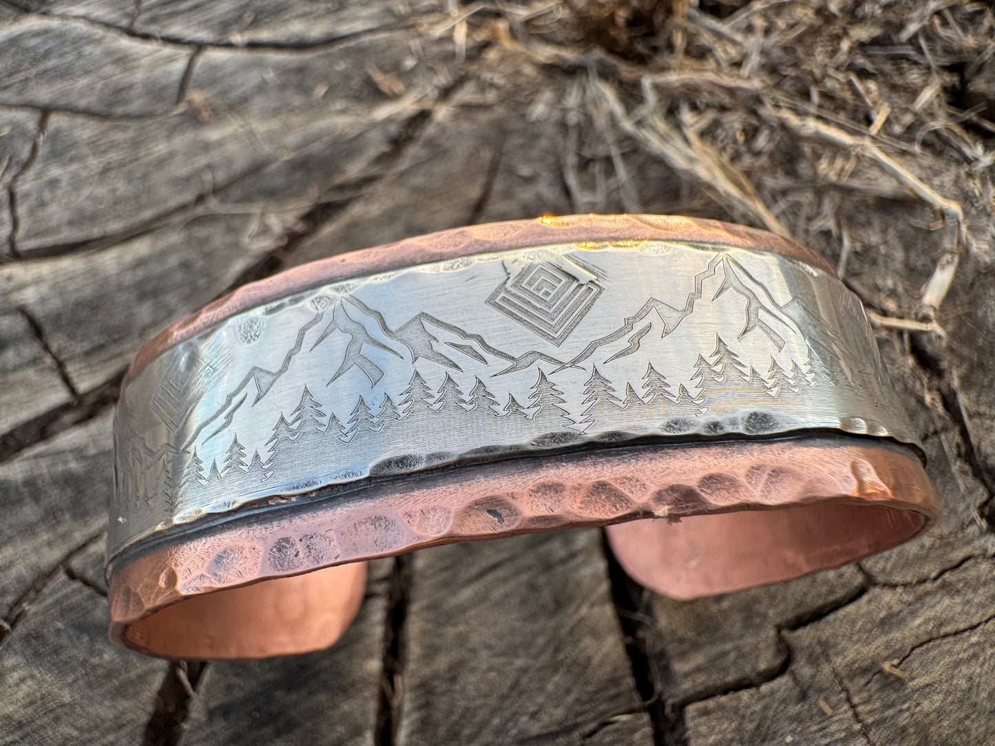 Sterling silver and Copper Mountain scene Cuff Bracelet