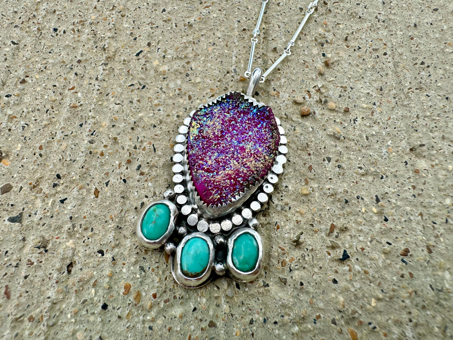 Fuchsia pink druse agate with turquoise pendant