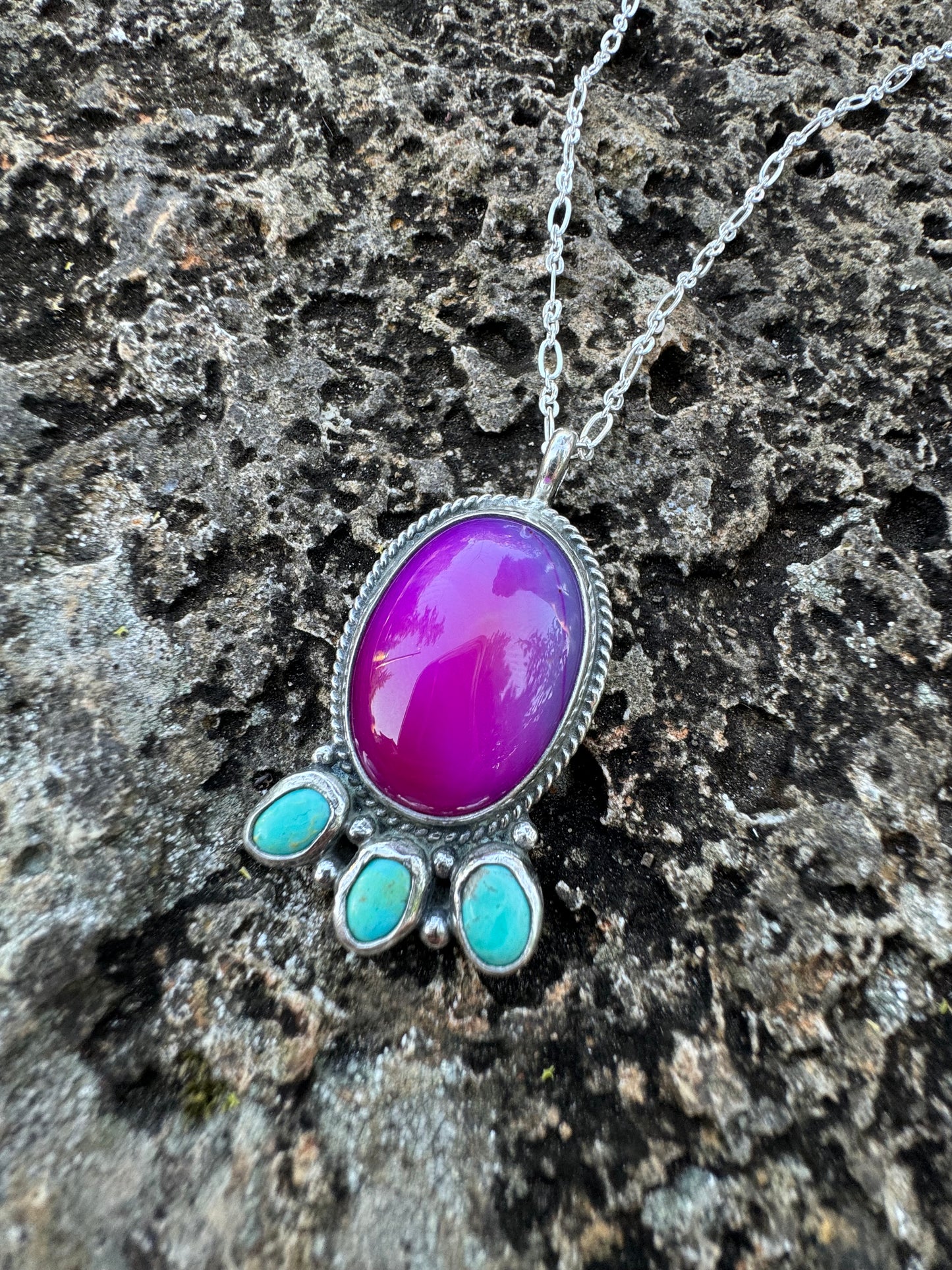 Pink agate and turquoise blossom pendant