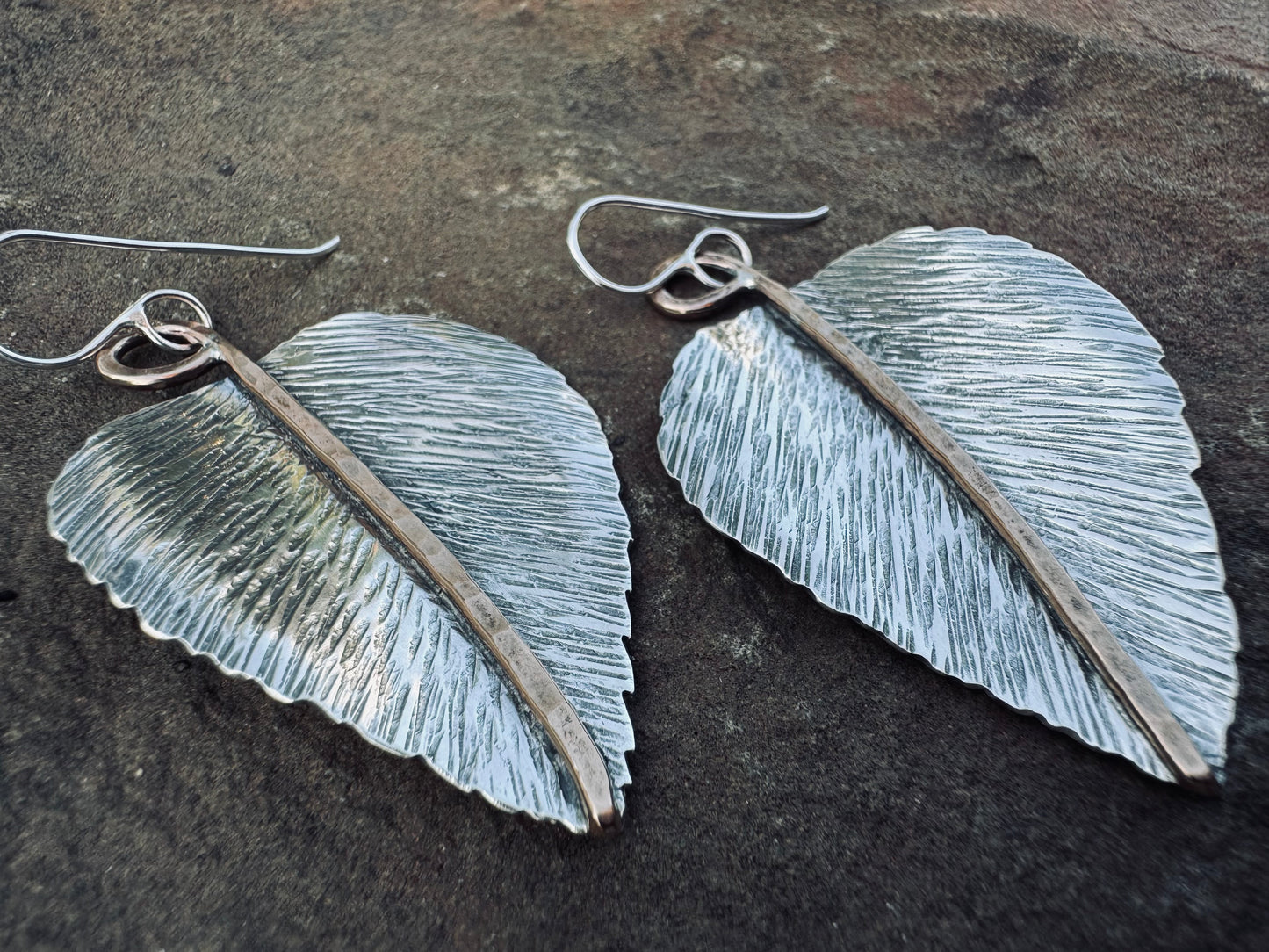 Sterling silver and Bronze textured Leaf Earrings