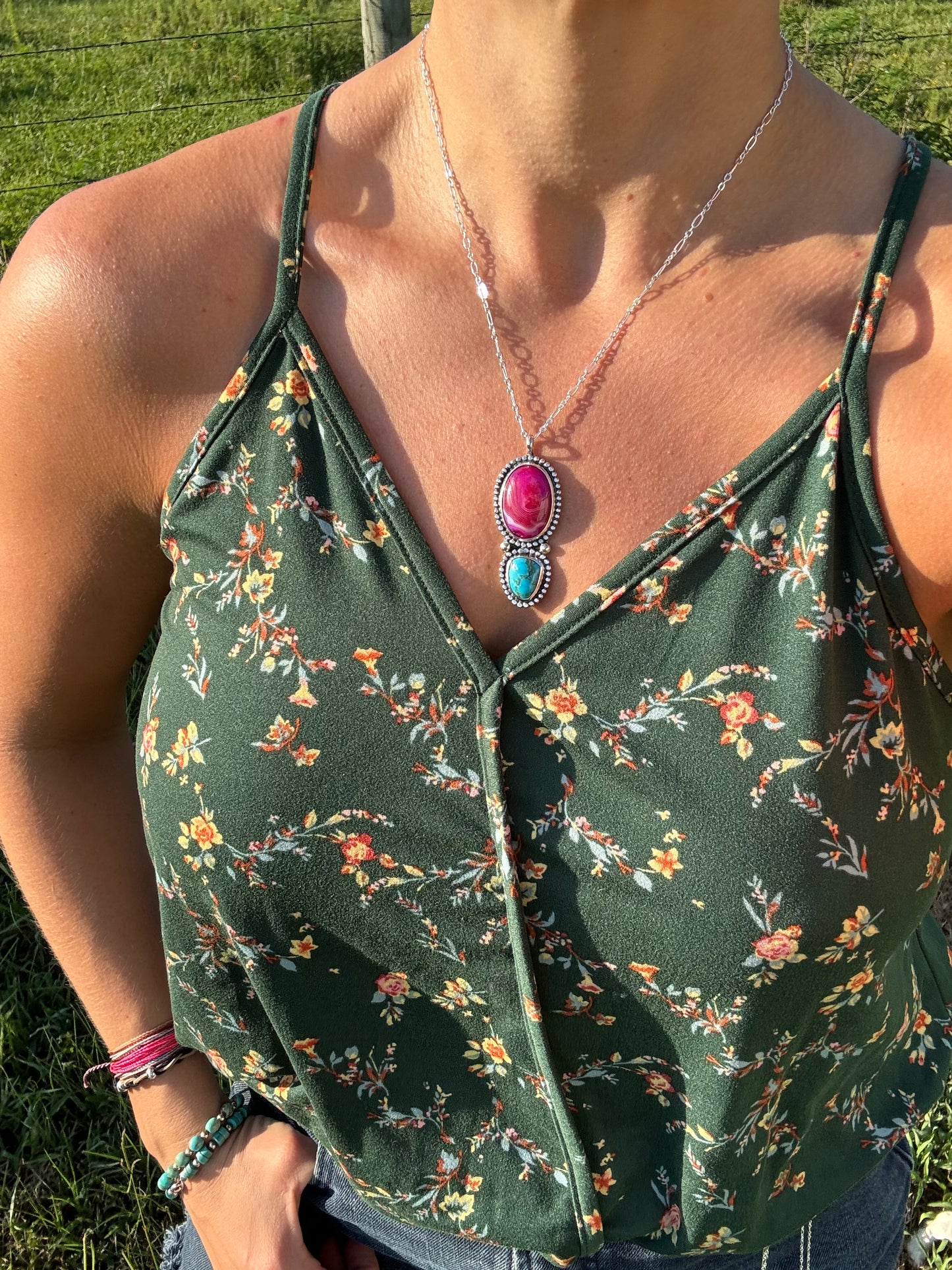 Pink agate and turquoise pendant