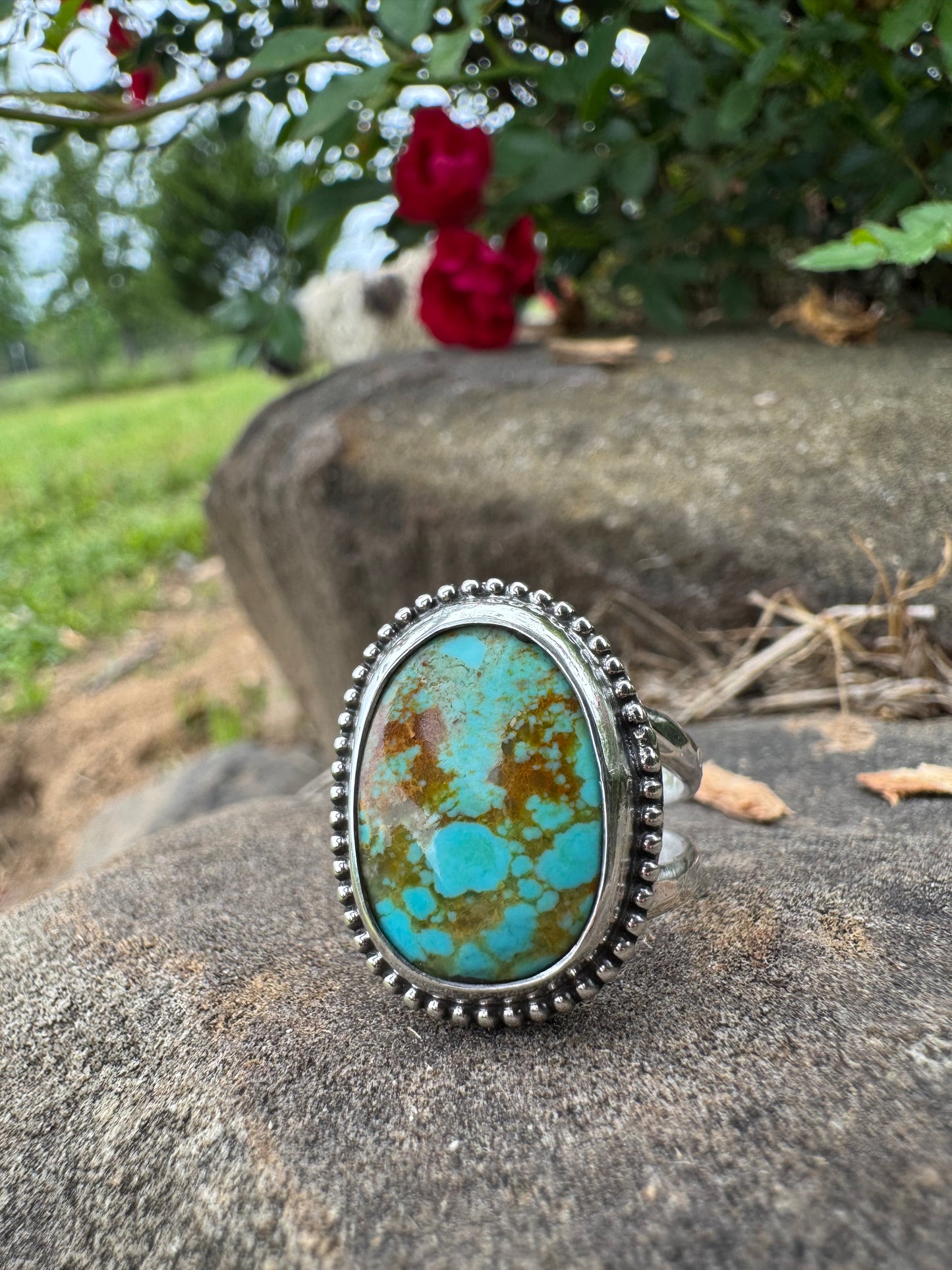 Beaded detail Brown Matrix Tyrone turquoise ring size 7.5
