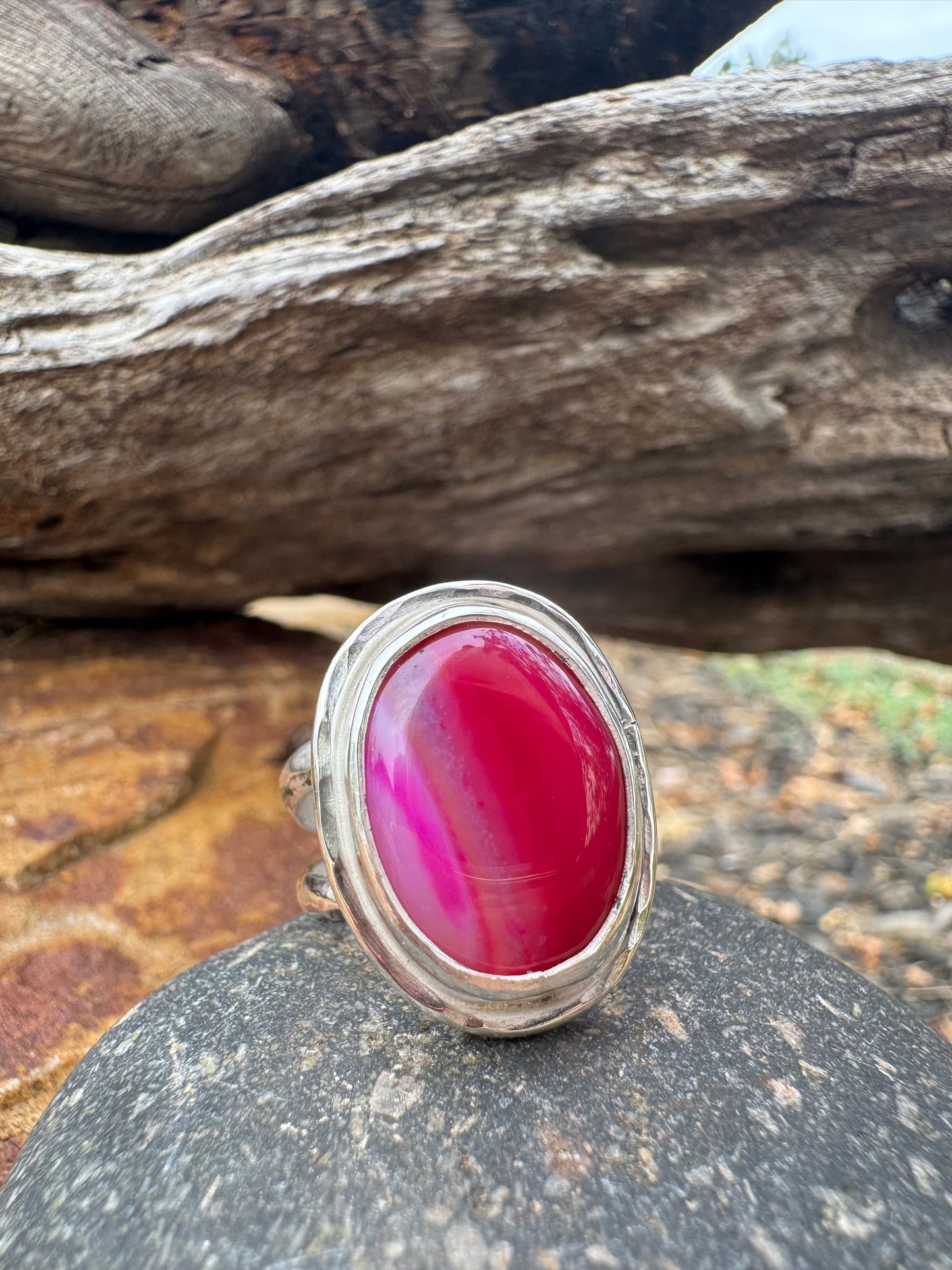 Fuschia pink agate ring size 9