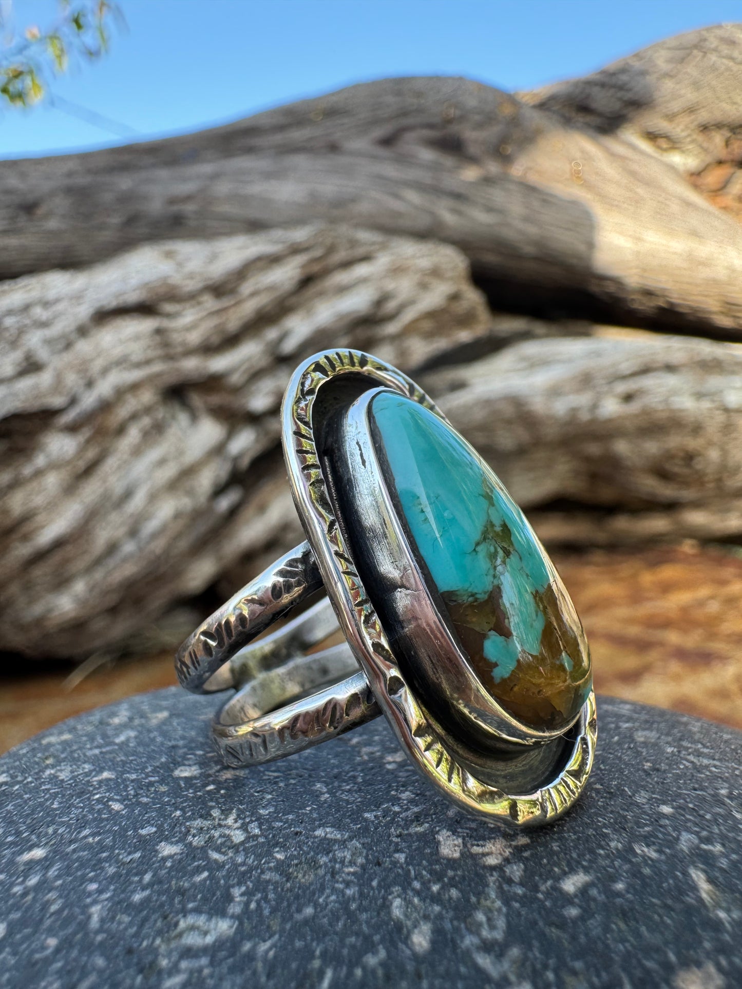 Hand stamped turquoise ring size 8