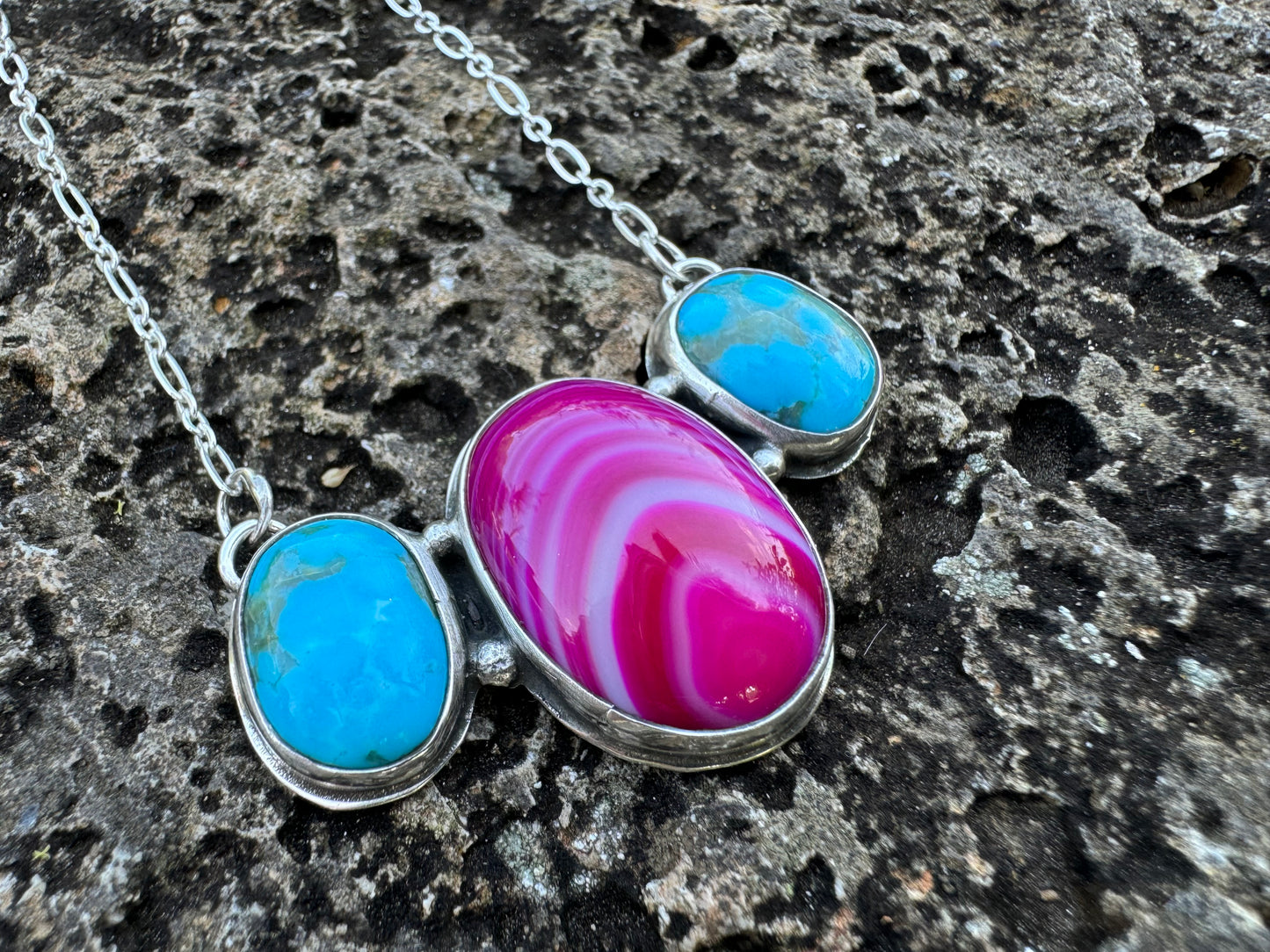 Pink agate and Turquoise bar necklace